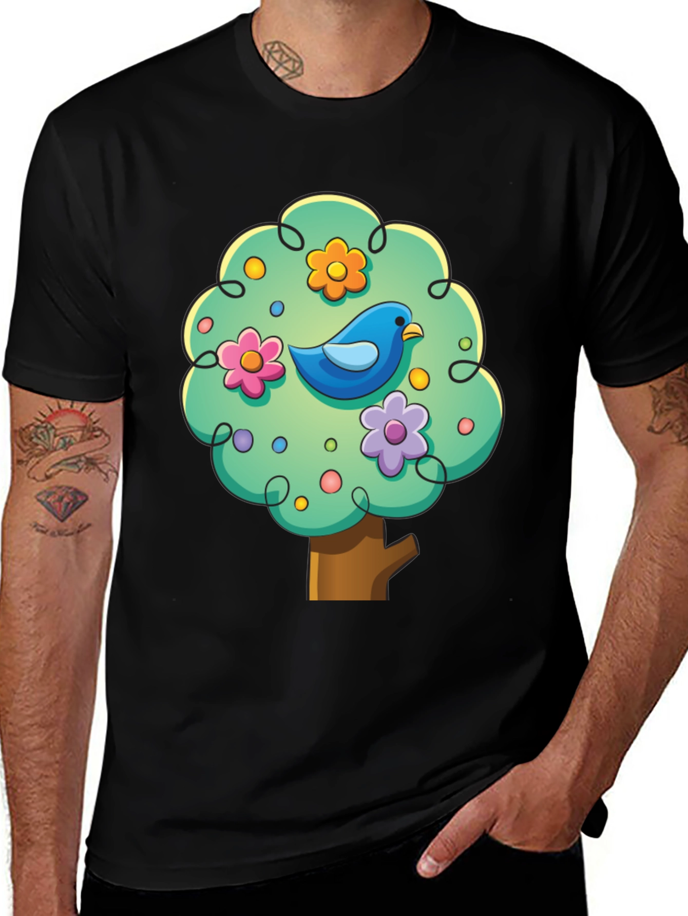 Variant 29 of Cute Cartoon Bird Tree Graphic Tee - Black Cotton Shirt