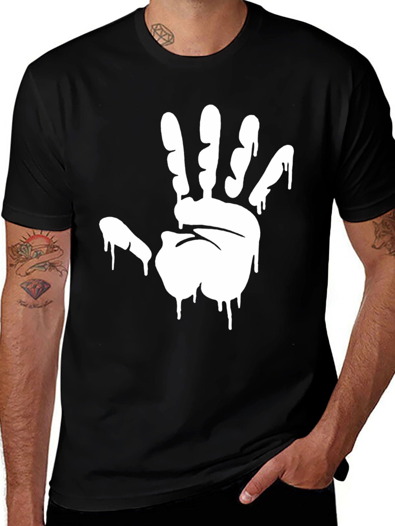 Men's Black Graphic Tee - Hand Print Design