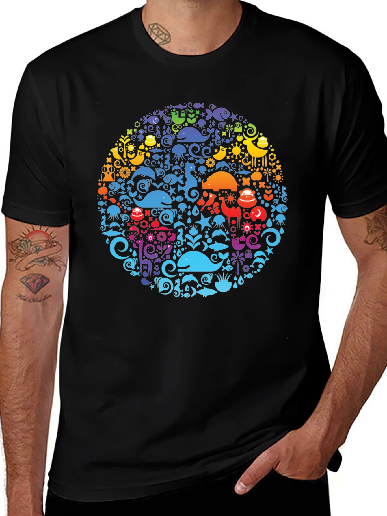 Black Tee with Colorful Aquatic Circle Design
