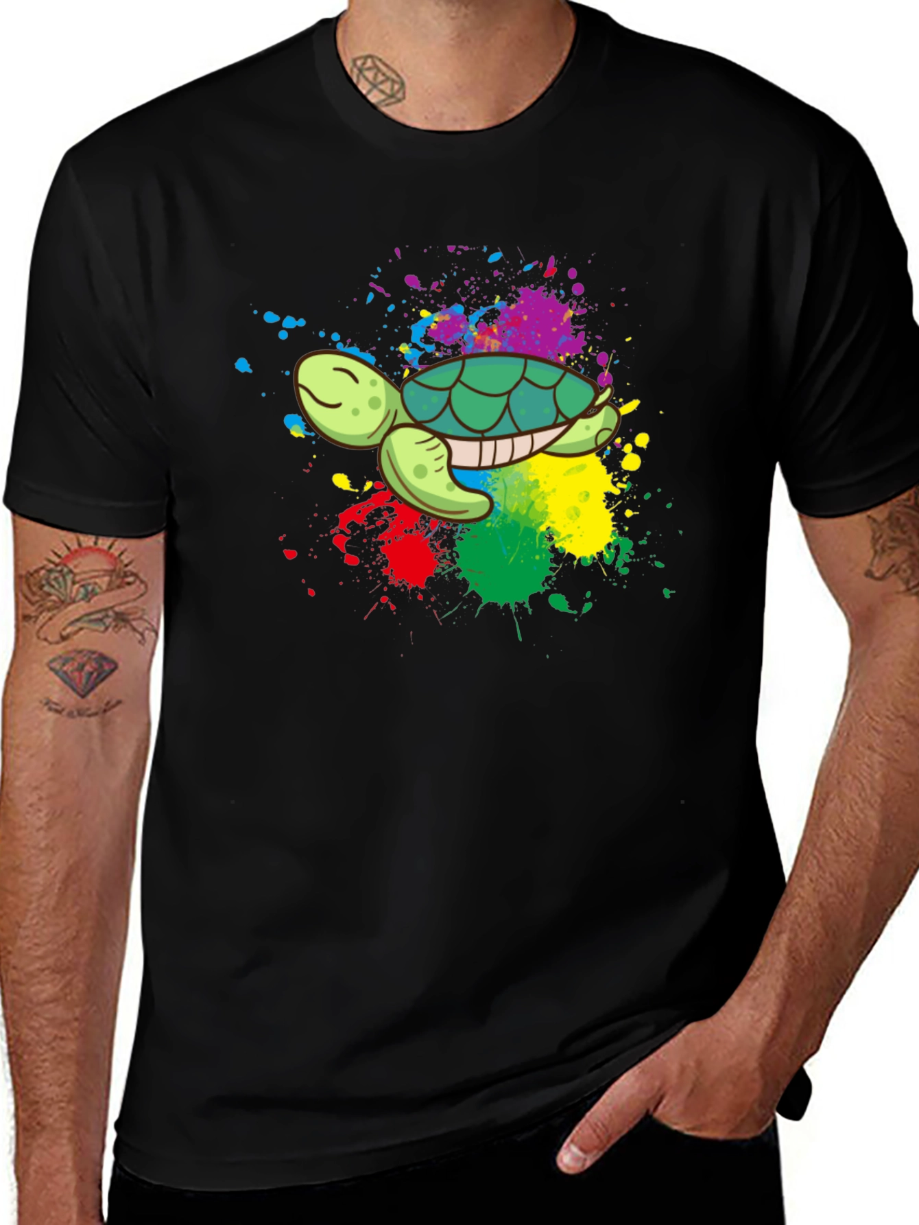 Variant 29 of Colorful Turtle Graphic Tee - Black Cotton Blend
