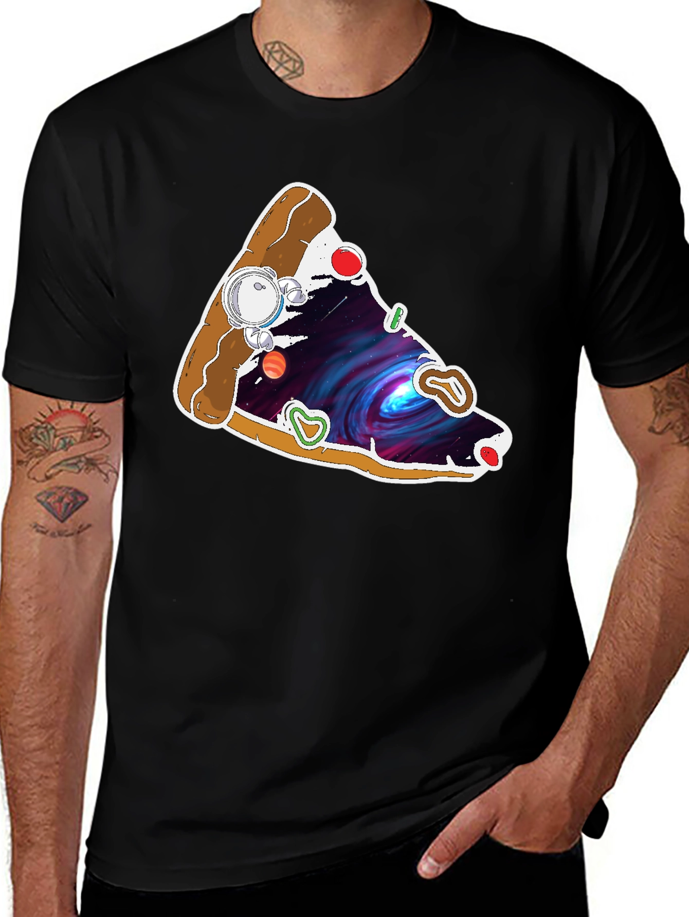 Variant 7 of Space Pizza Graphic Tee - Black Cotton T-Shirt