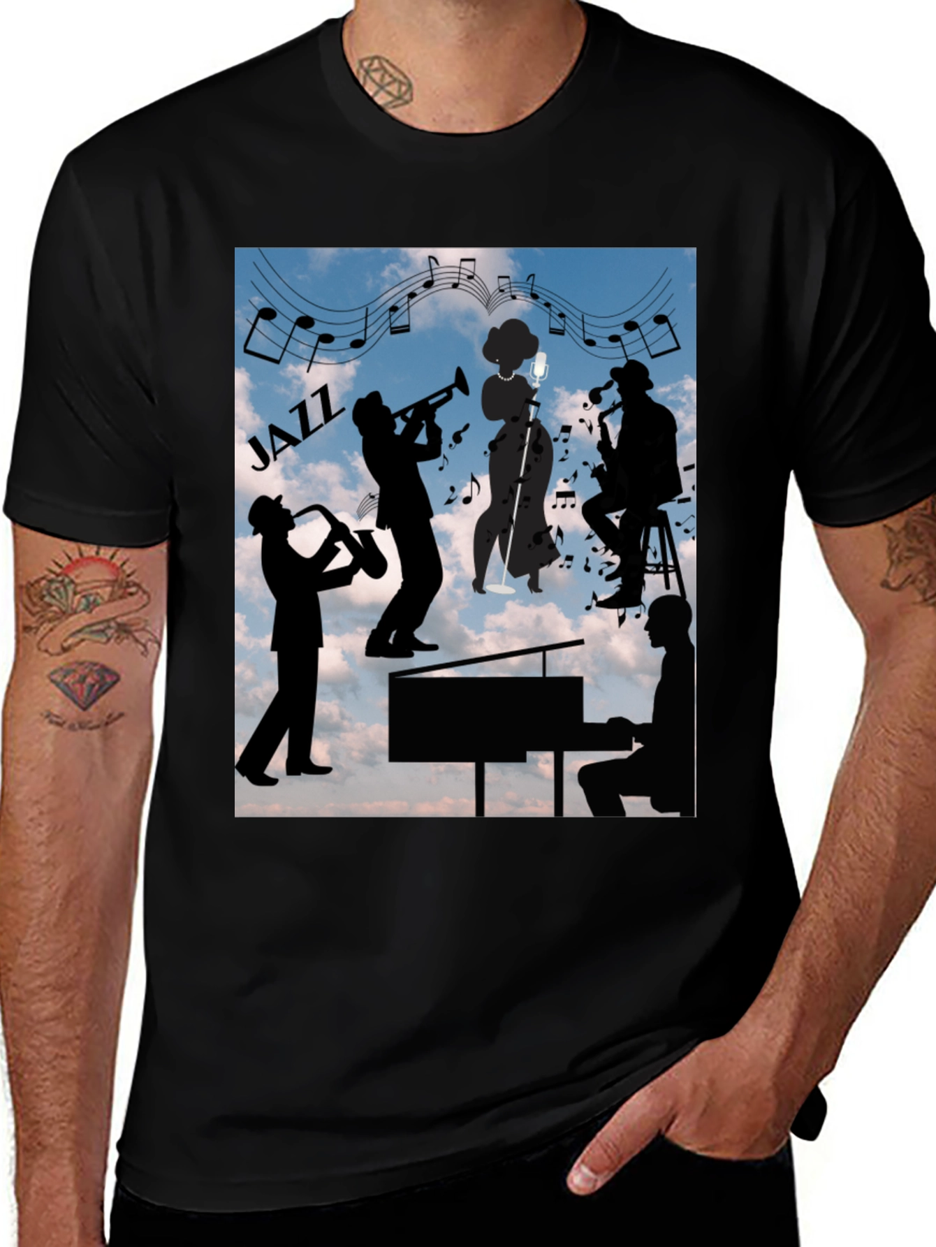 Variant 13 of Jazz Band Silhouette Graphic Tee - Black Cotton T-Shirt