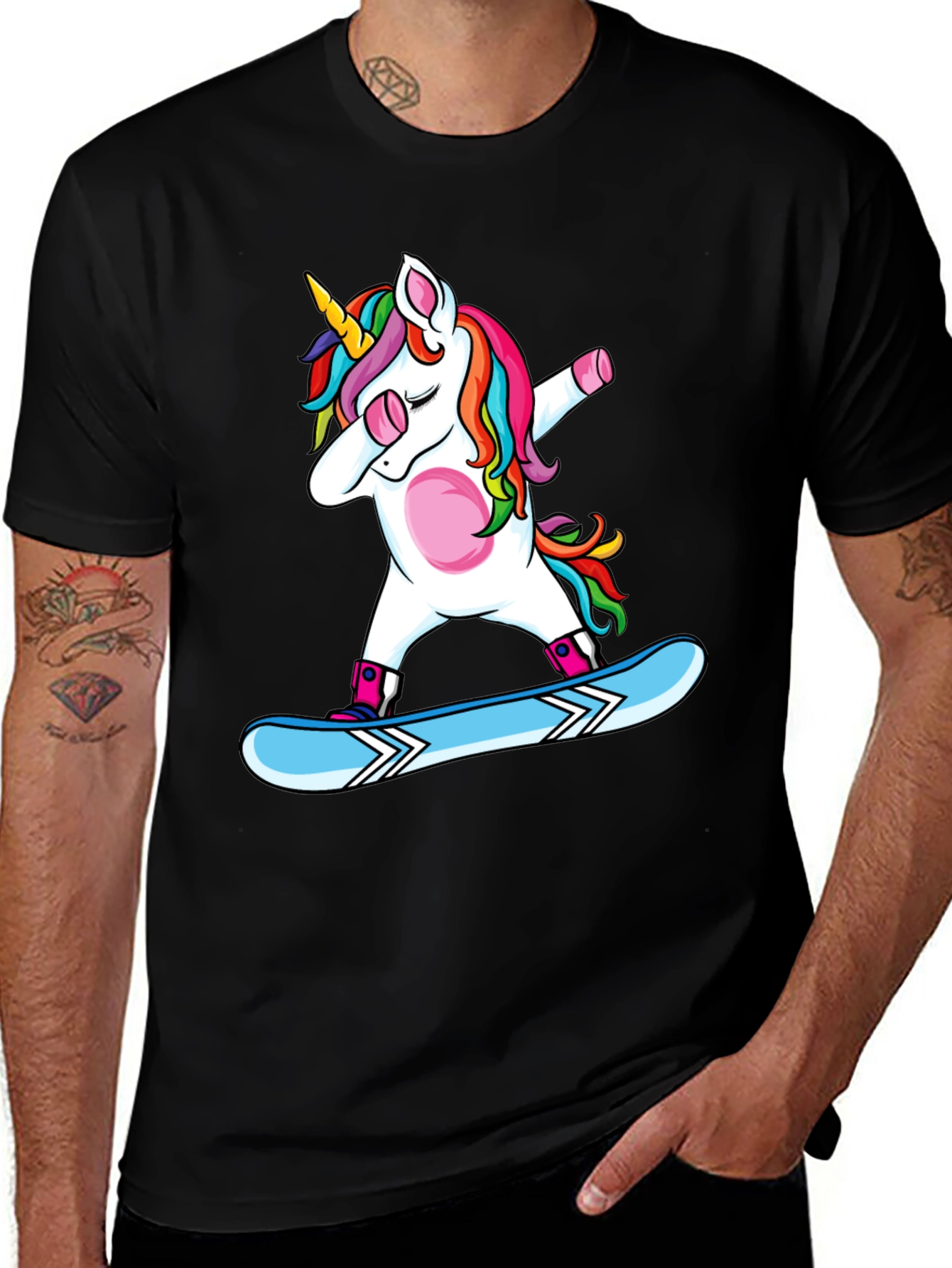 Dabbing Unicorn Snowboarding Black T-Shirt