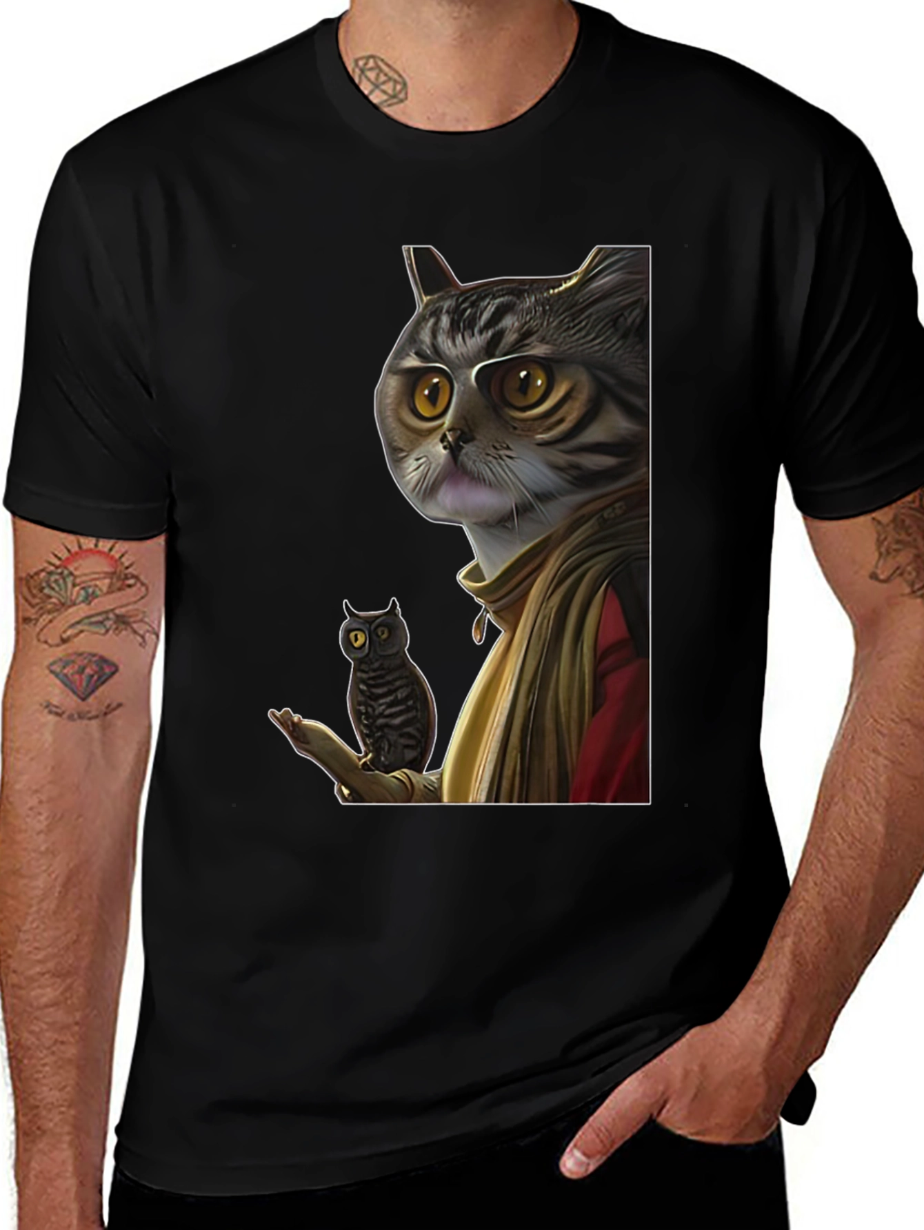 Variant 7 of Cat Wizard with Owl Graphic Tee