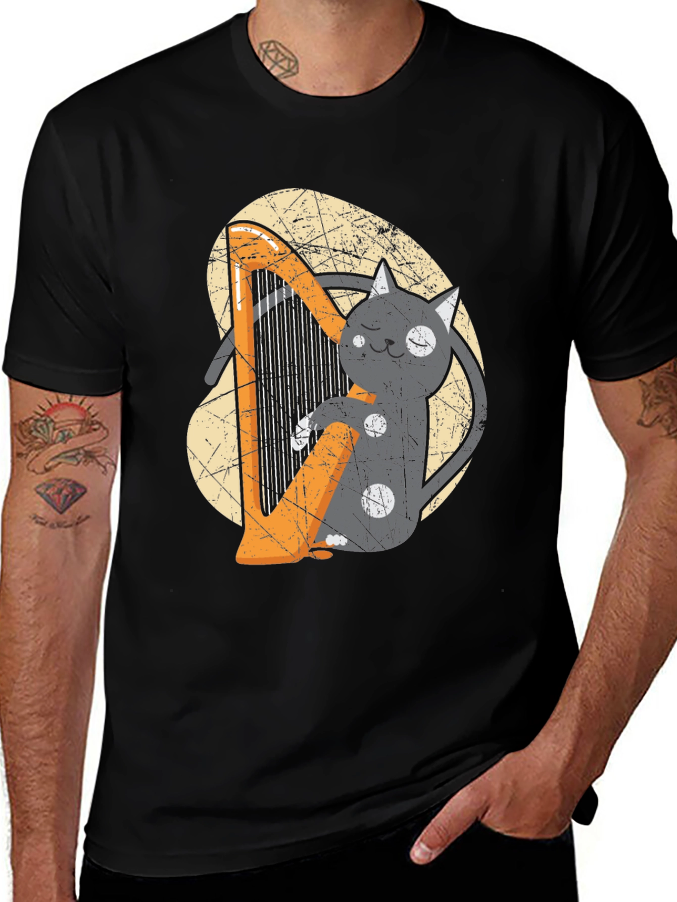 Cat Playing Harp Graphic T-Shirt - Unisex Black Tee