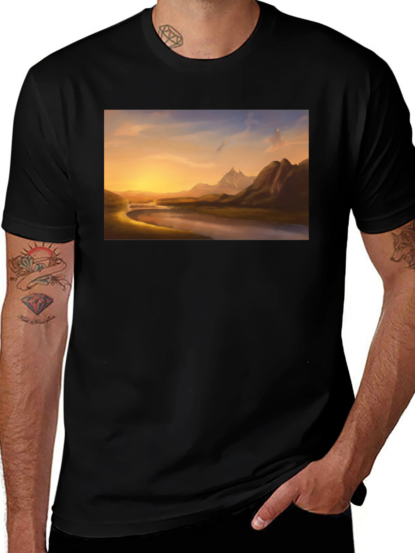 Scenic River View Black T-Shirt