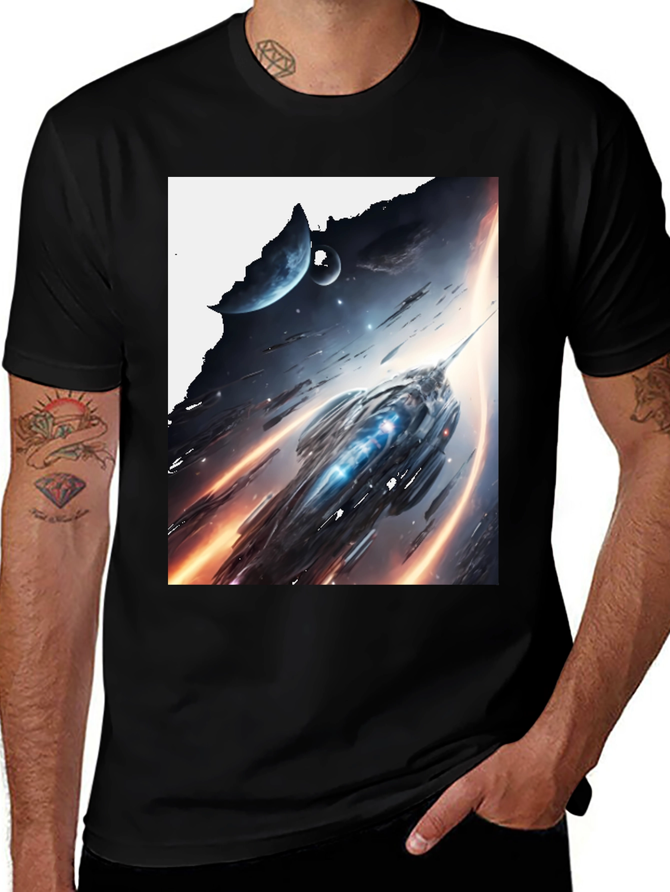 Variant 4 of Sci-Fi Spaceship Graphic Tee - Premium Black Cotton
