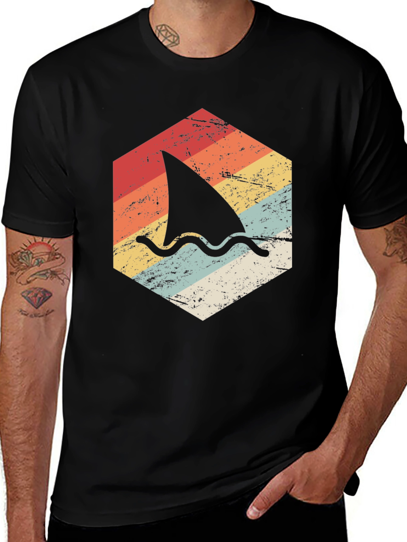 Retro Shark Fin Graphic T-Shirt - Black