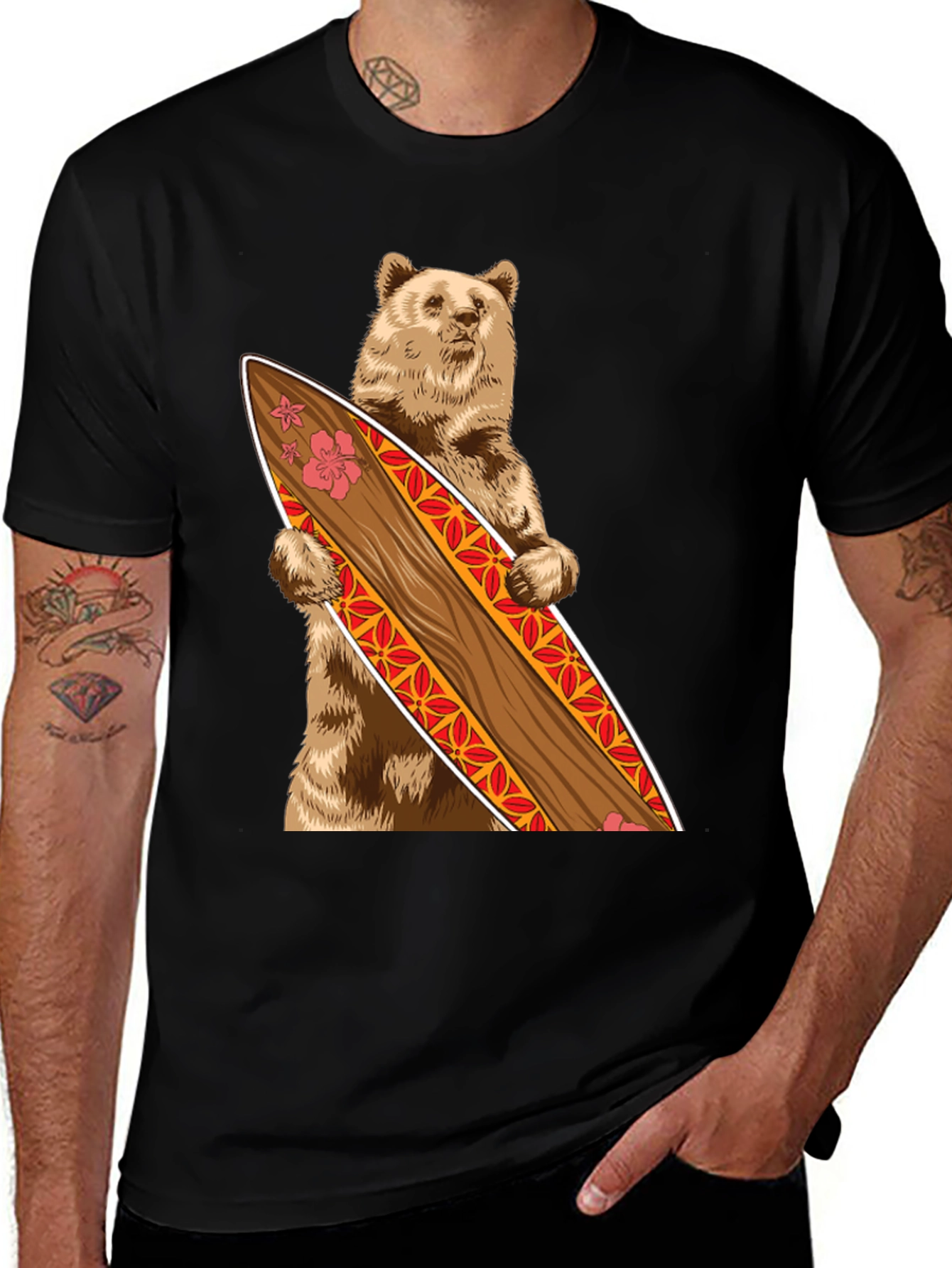 Variant 22 of Bear Holding Surfboard Graphic Tee - Black