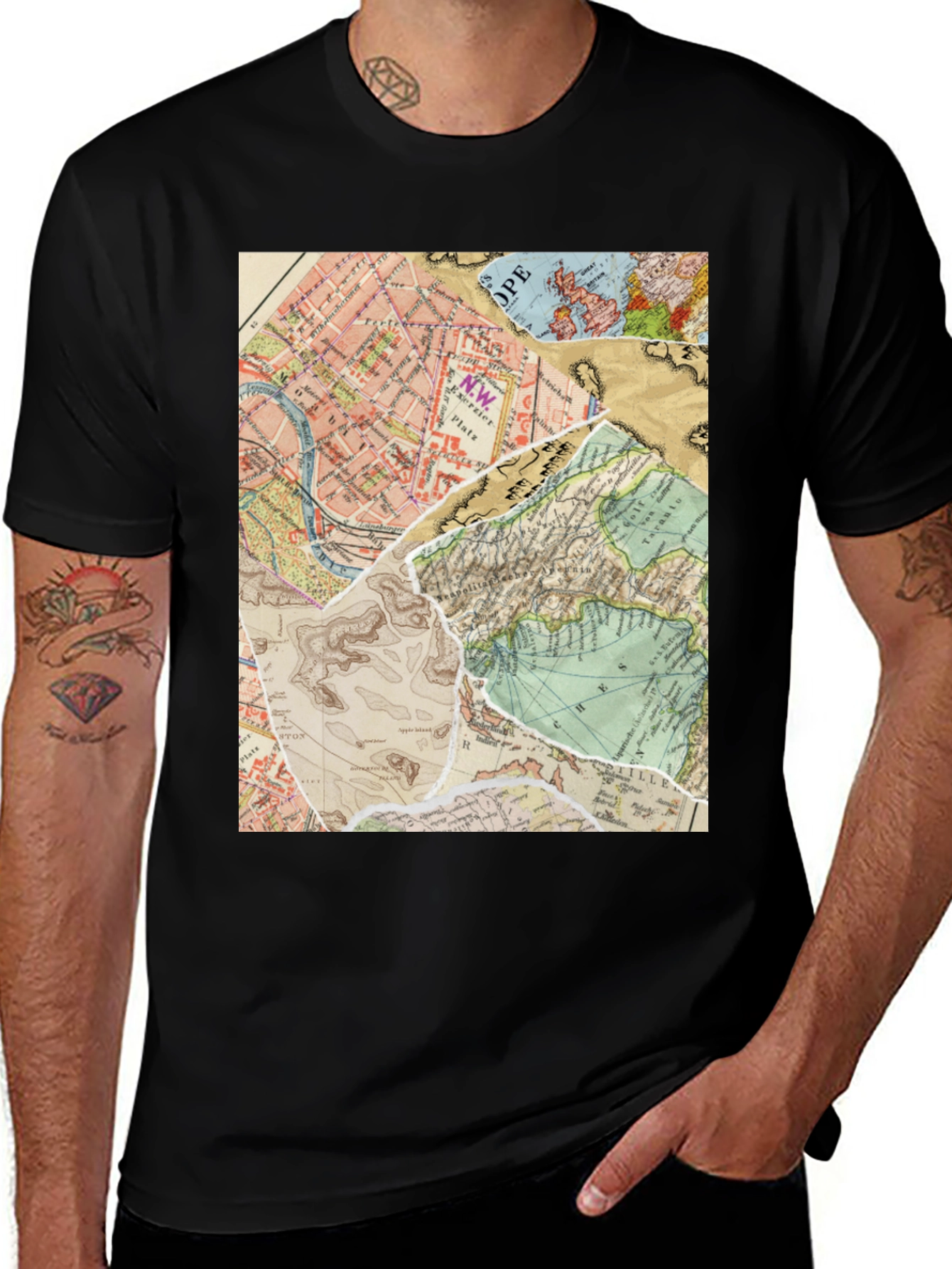 Variant 5 of Vintage Map Print Black T-Shirt - Stylish Graphic Tee