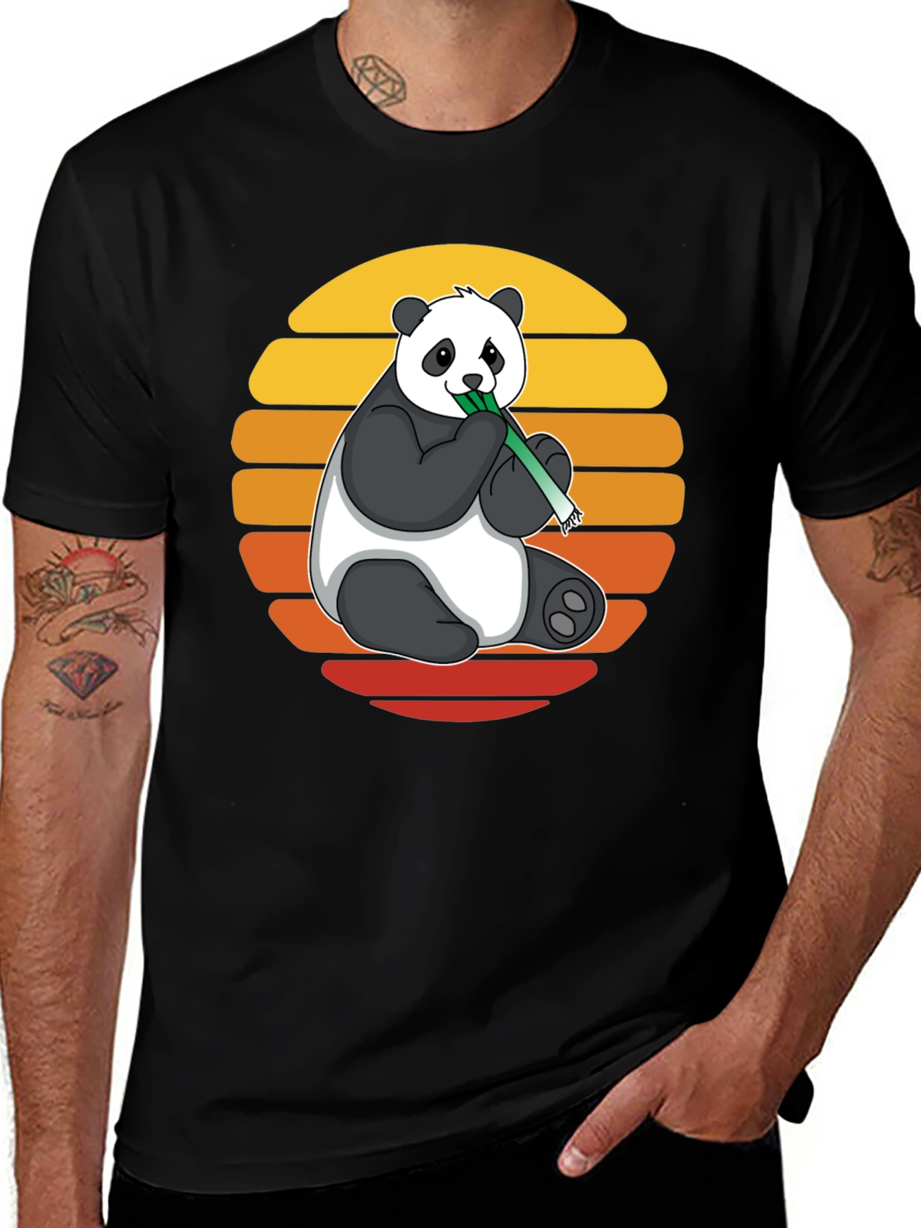 Variant 23 of Panda Eating Bamboo T-Shirt - Retro Sunset Design