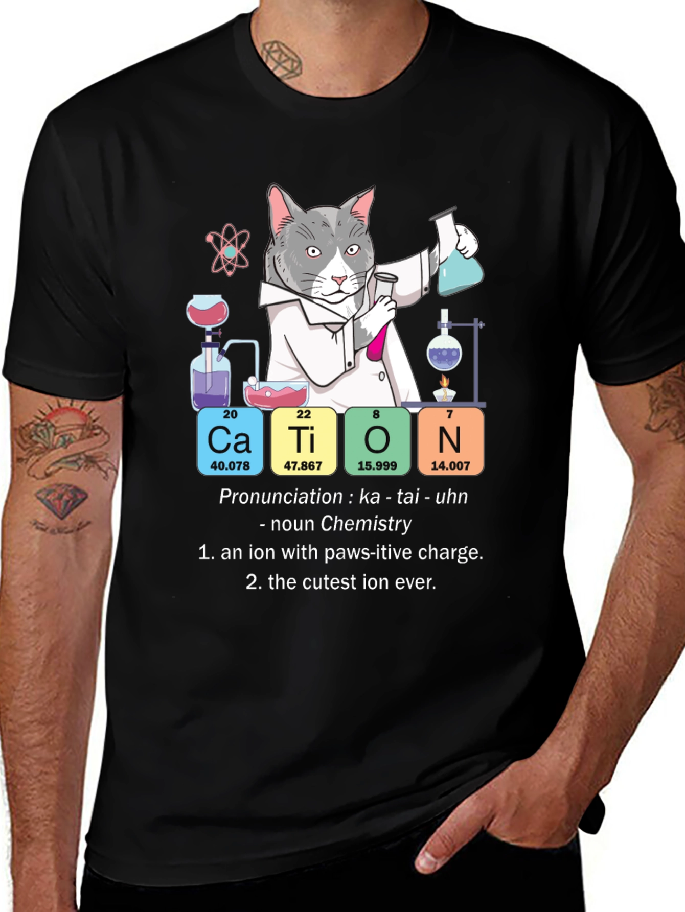 Variant 2 of Cat Chemistry Pun T-Shirt - Cation Science Tee