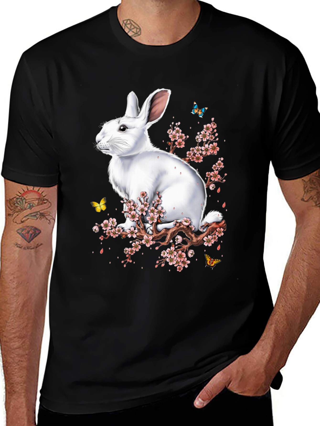 Rabbit & Blossom Graphic Print Men's Black T-Shirt