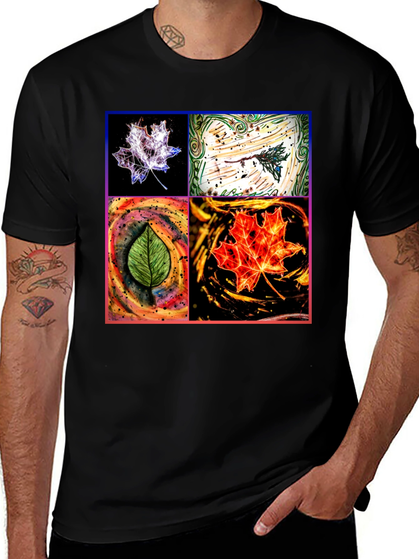 Variant 26 of Four Seasons Leaf Art Black T-Shirt