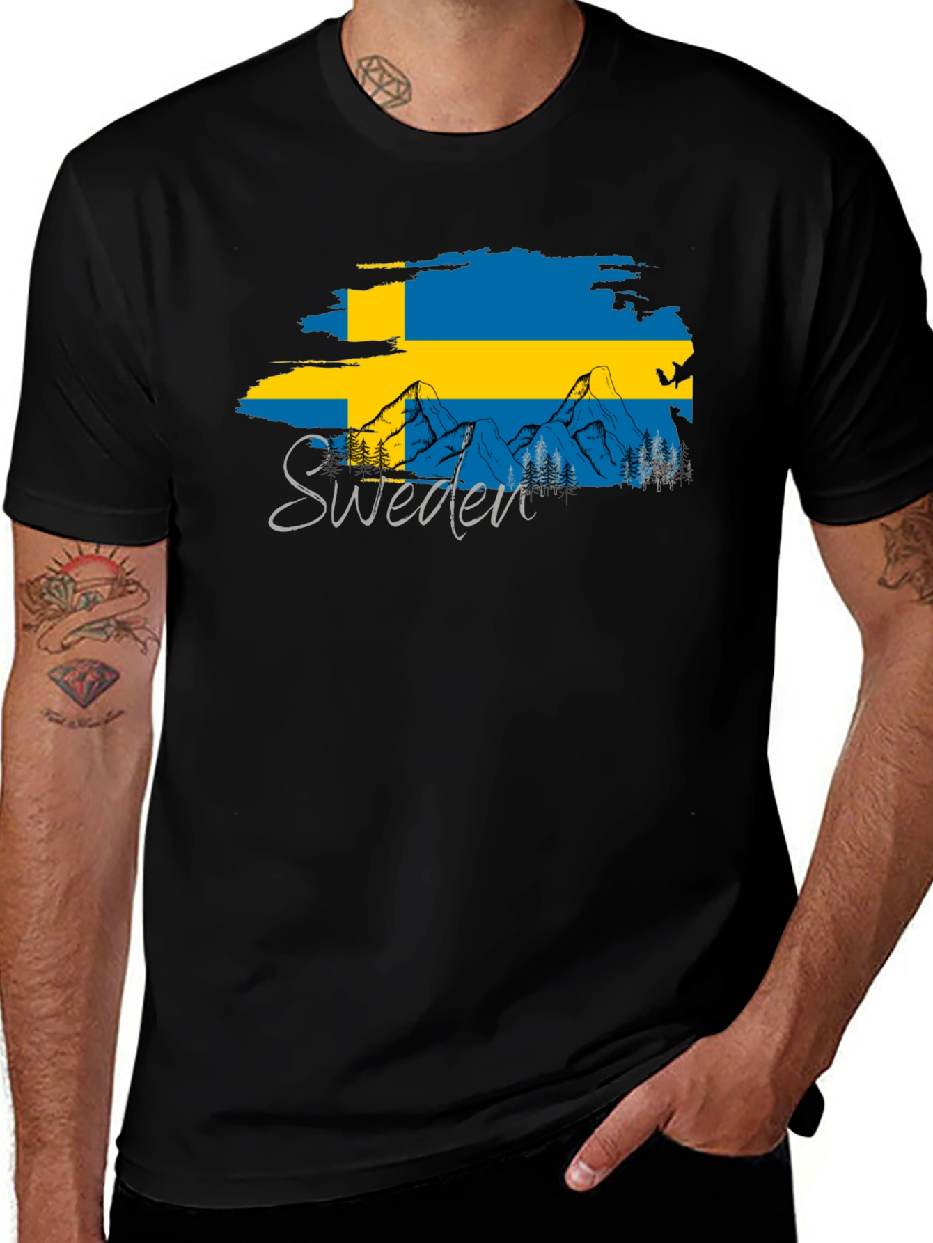 Sweden Flag Mountain Black T-Shirt