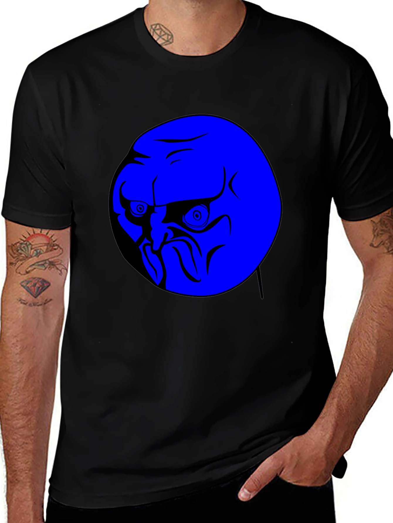 Blue Rage Face Graphic Black T-Shirt