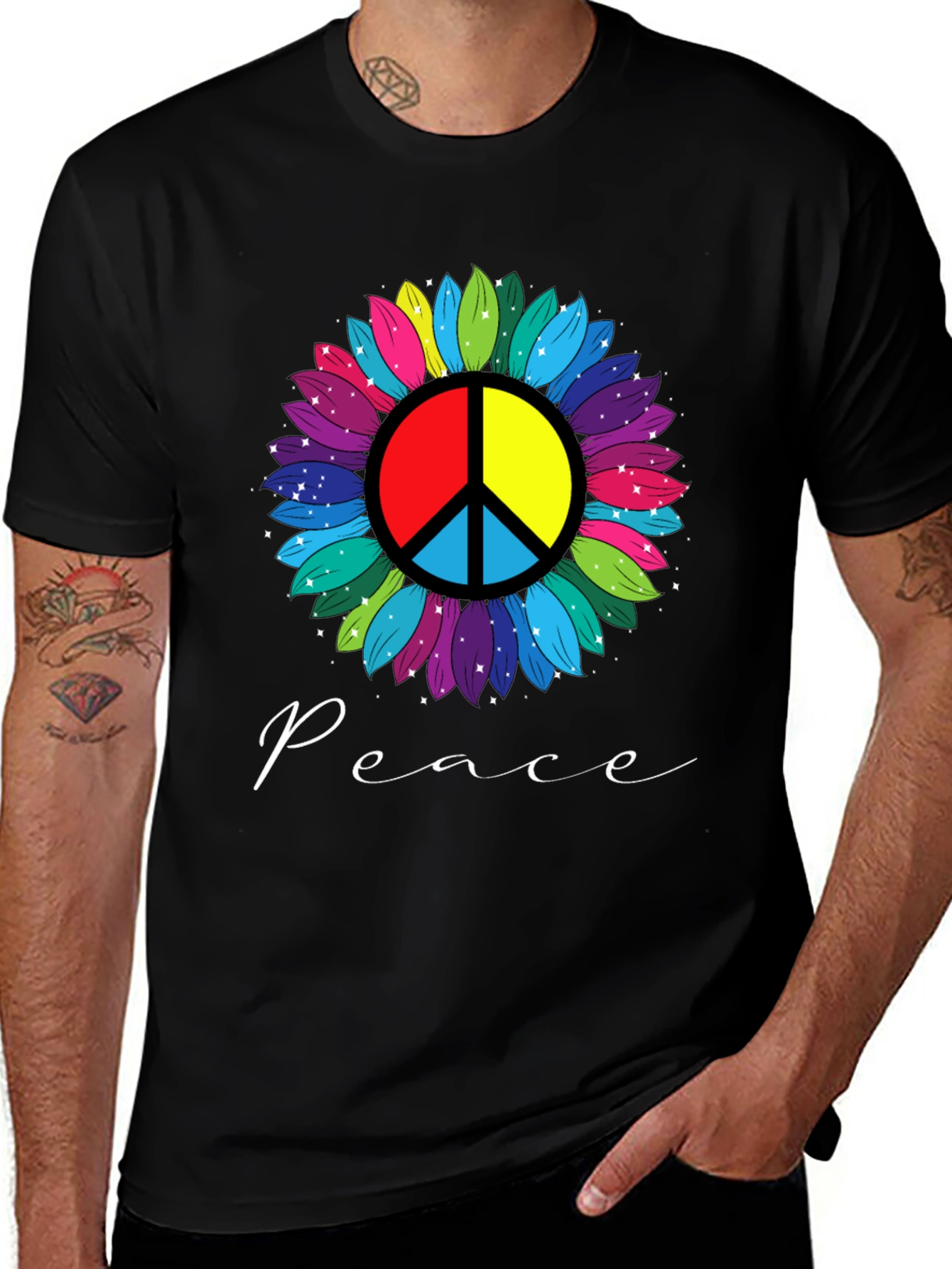 Variant 29 of Peace Sunflower Graphic Tee - Colorful Hippie T-Shirt