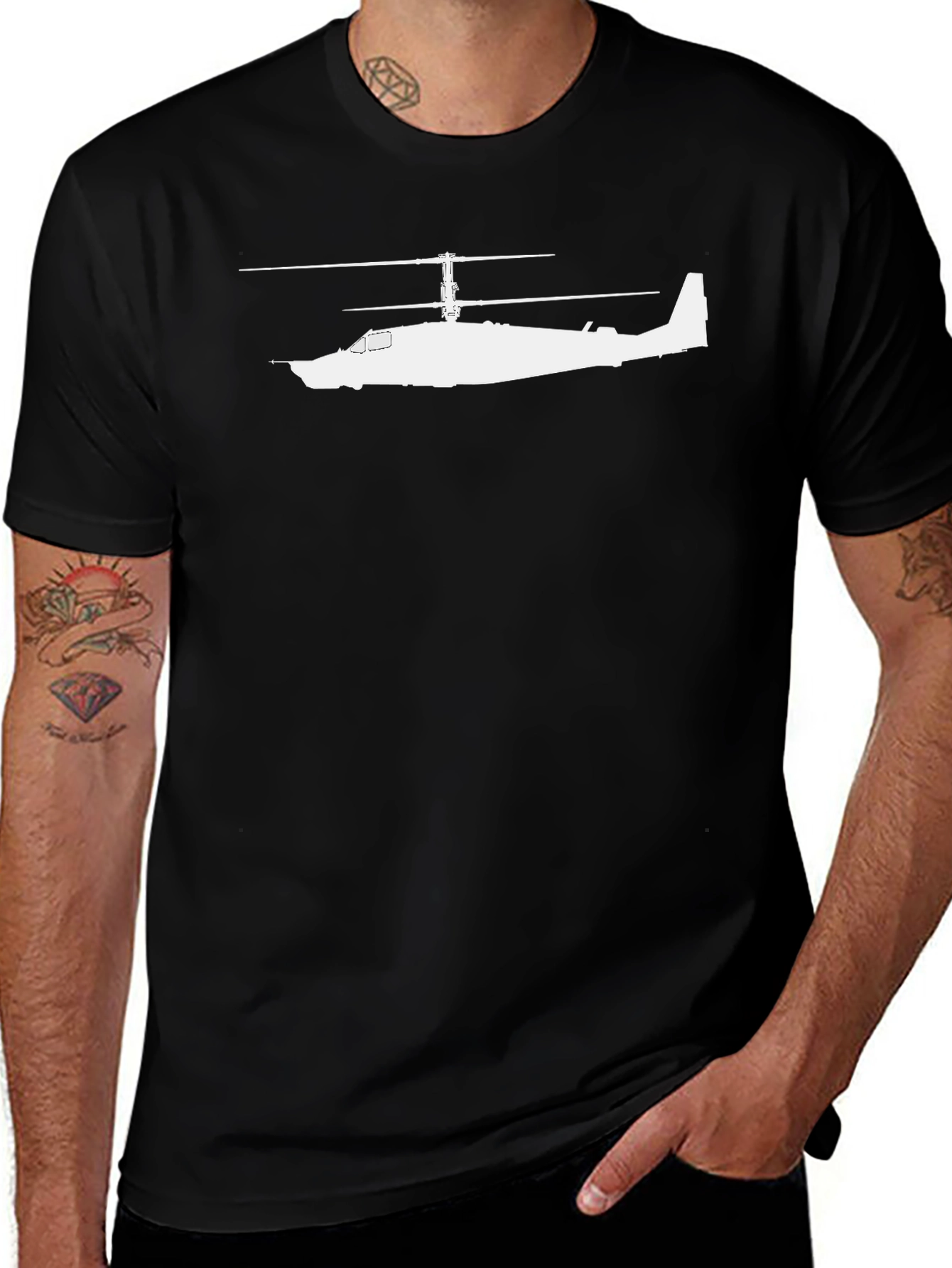 Variant 14 of Black T-Shirt with White Helicopter Design