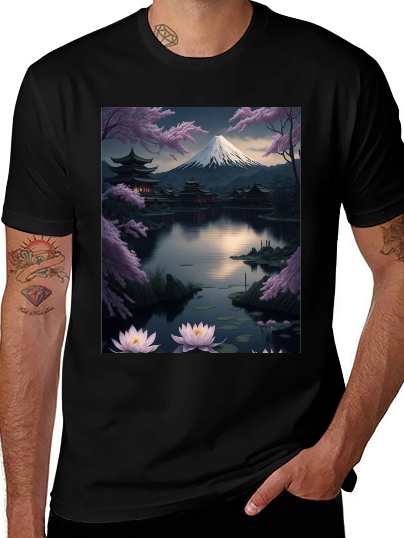 Variant 7 of Japanese Art T-Shirt: Mountain & Lotus Design