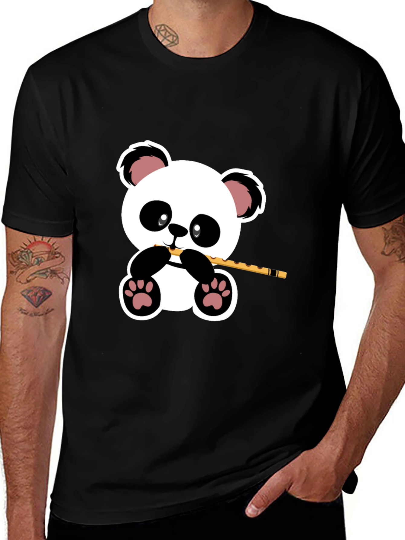 Variant 5 of Panda Playing Flute Graphic T-Shirt - Black