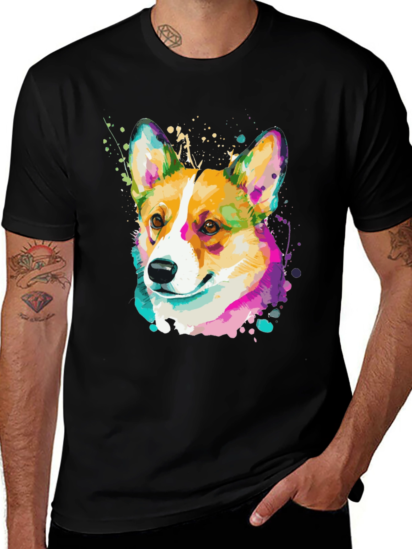 Corgi Splash Art Black T-Shirt
