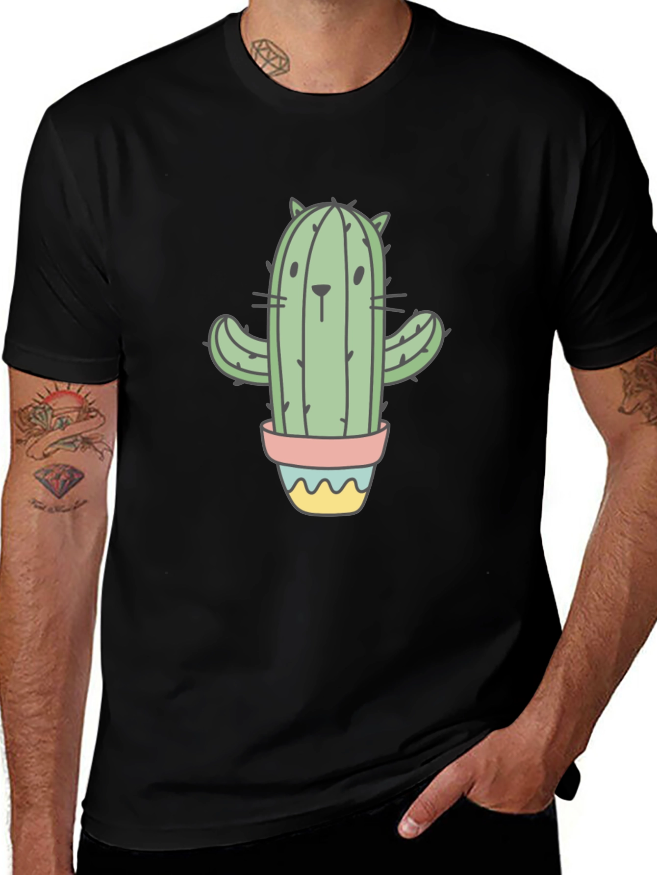 Variant 26 of Cactus Cat Graphic Tee - Cute Black T-Shirt