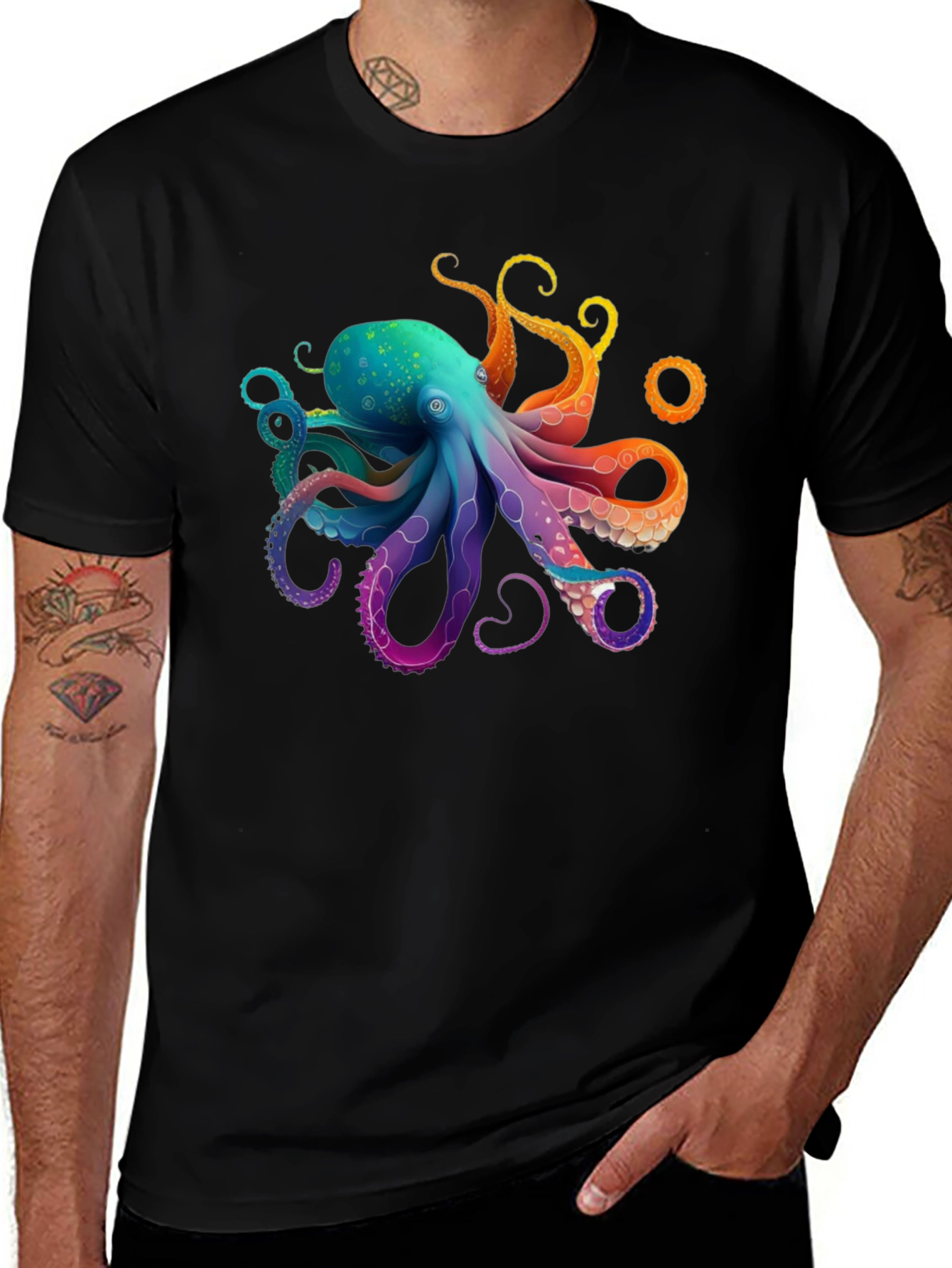 Variant 16 of Rainbow Octopus Graphic T-Shirt - Black Cotton Blend