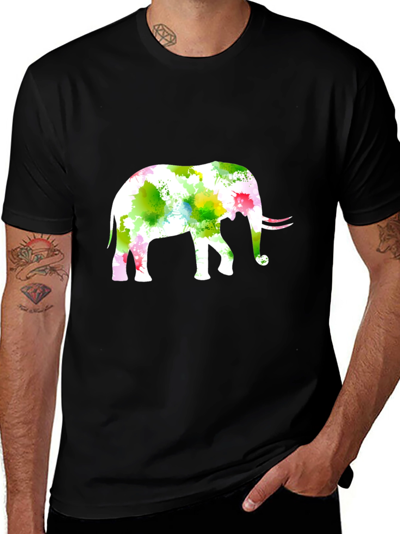 Variant 23 of Watercolor Elephant Print Black T-Shirt