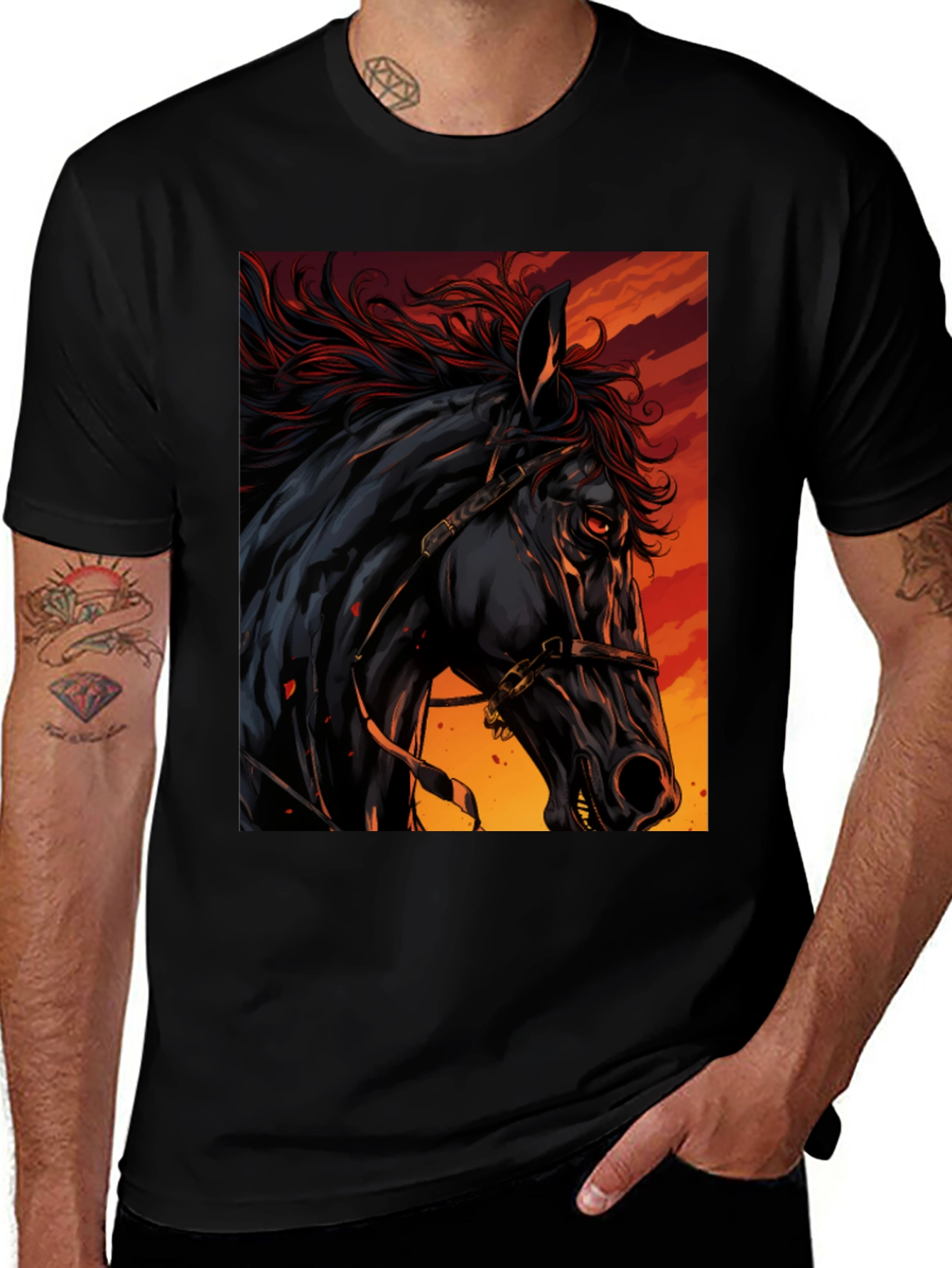 Variant 7 of Black Horse Graphic Tee - Fiery Stallion Design