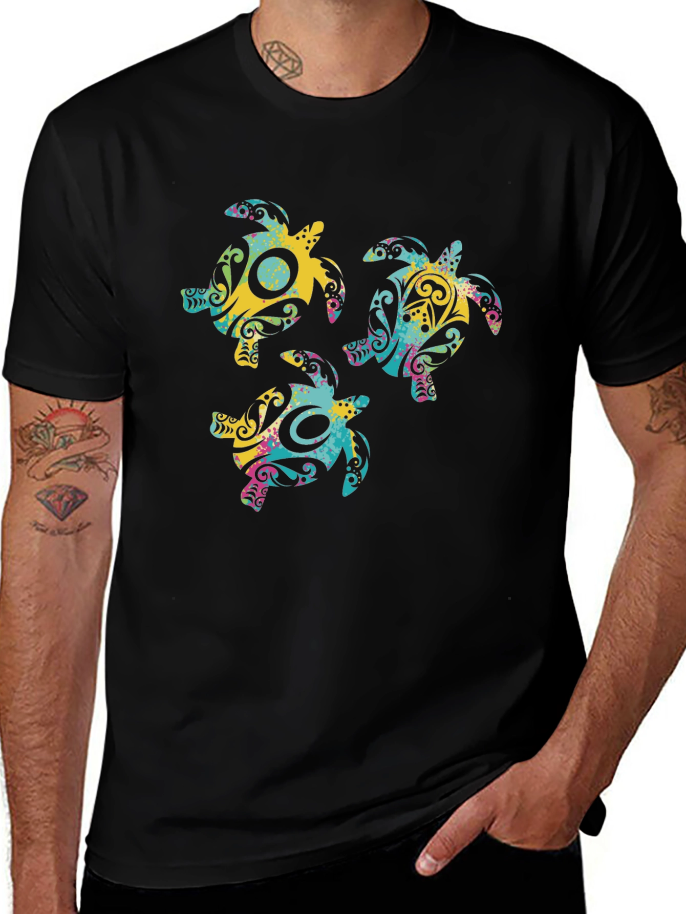 Black Funky Turtle Trio Graphic Black T-Shirt main image