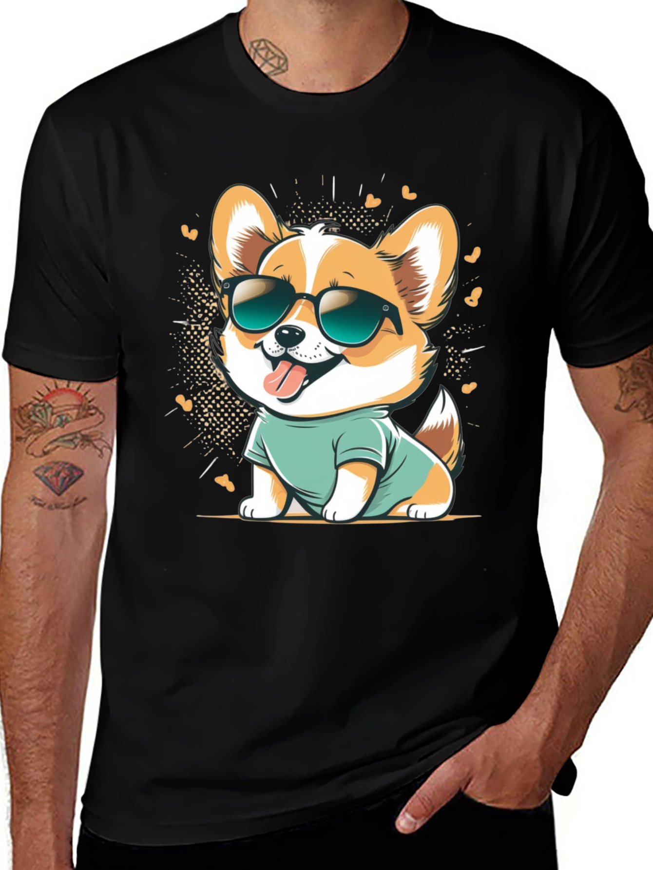Variant 25 of Cool Corgi Cartoon Graphic Tee - Black Cotton T-Shirt