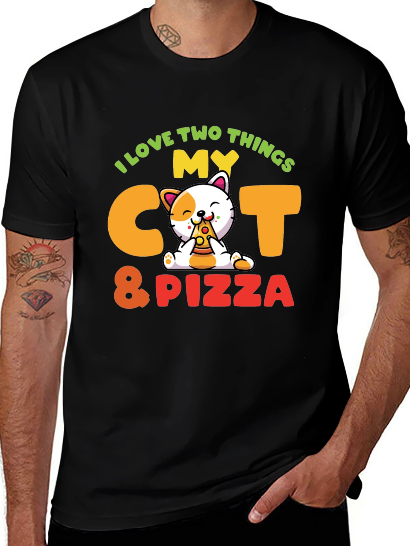 Variant 9 of I Love My Cat & Pizza Graphic T-Shirt - Fun Pet Lover Tee