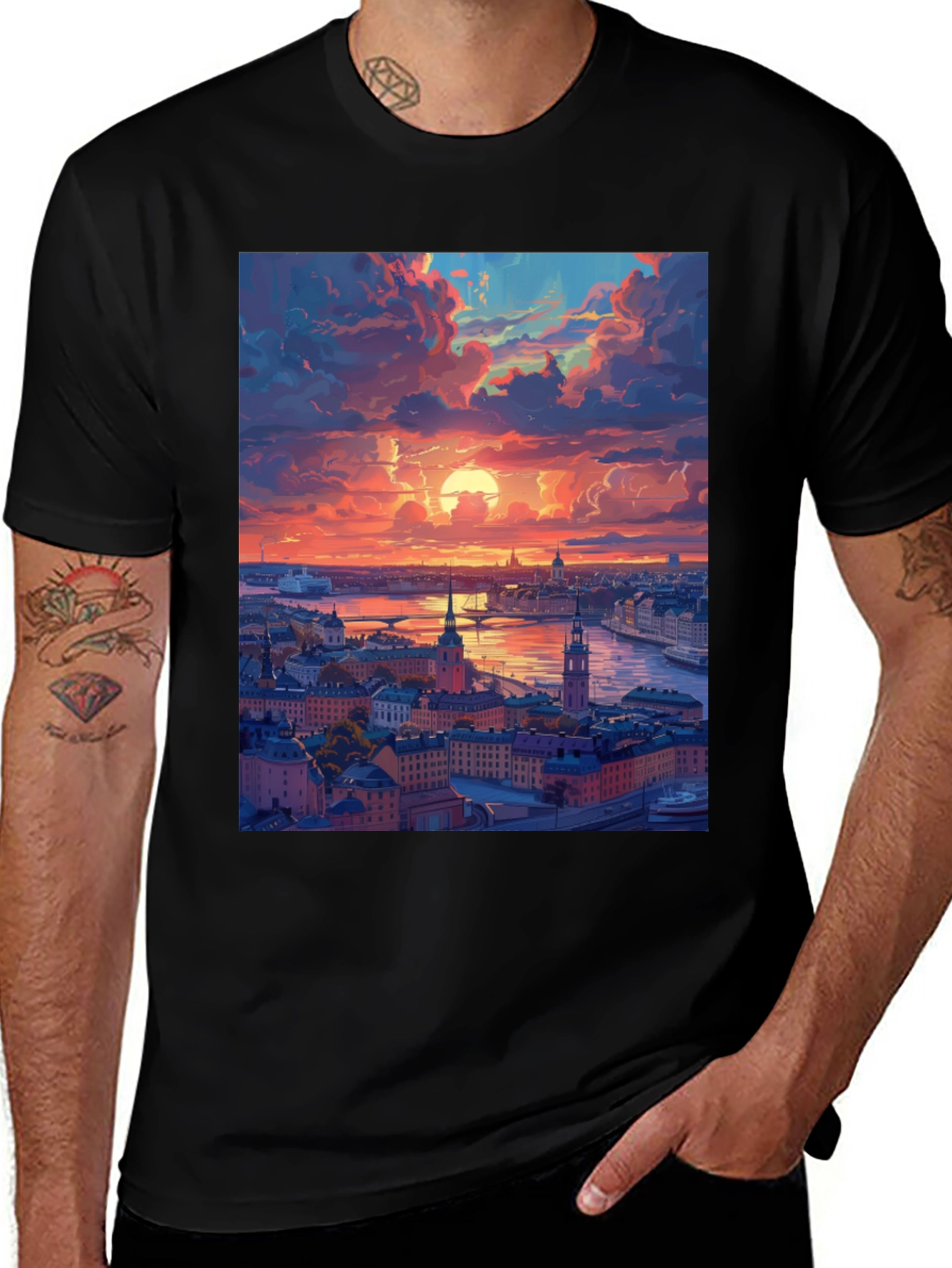 Variant 9 of Sunset Cityscape Graphic Tee - Black