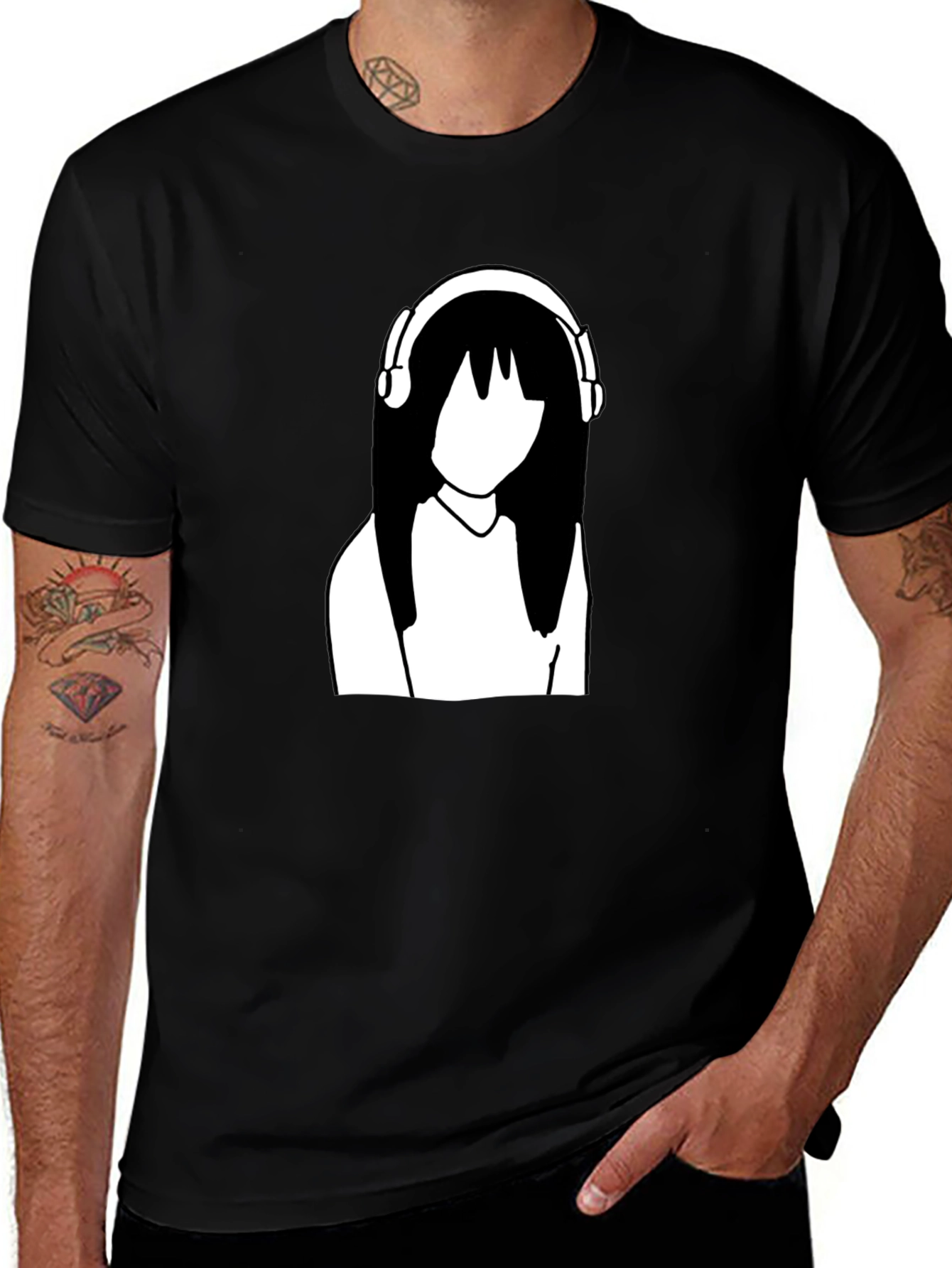 Variant 25 of Minimalist Anime Girl with Headphones Black T-Shirt