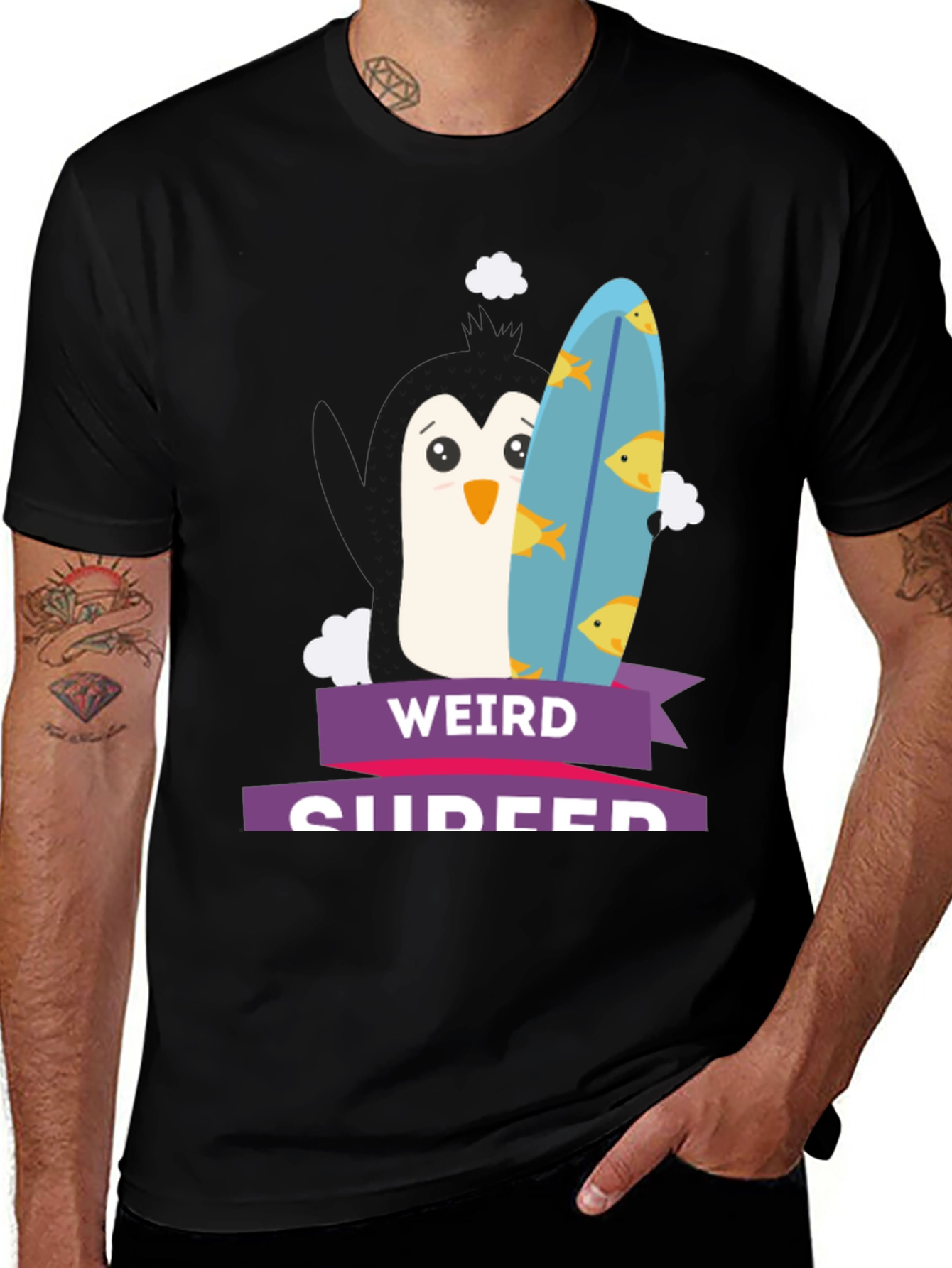 Weird Surfer Penguin Graphic Tee - Stylish Black T-Shirt