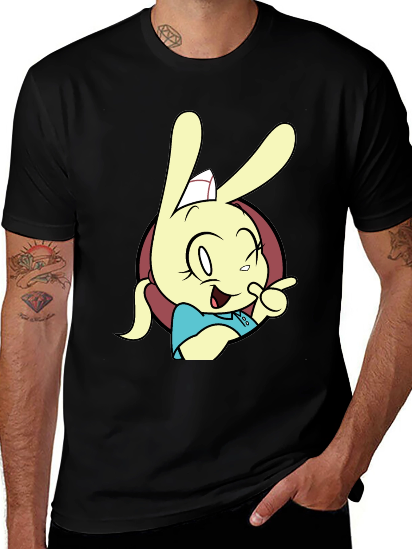 Black Cartoon Rabbit Graphic T-Shirt - Black main image