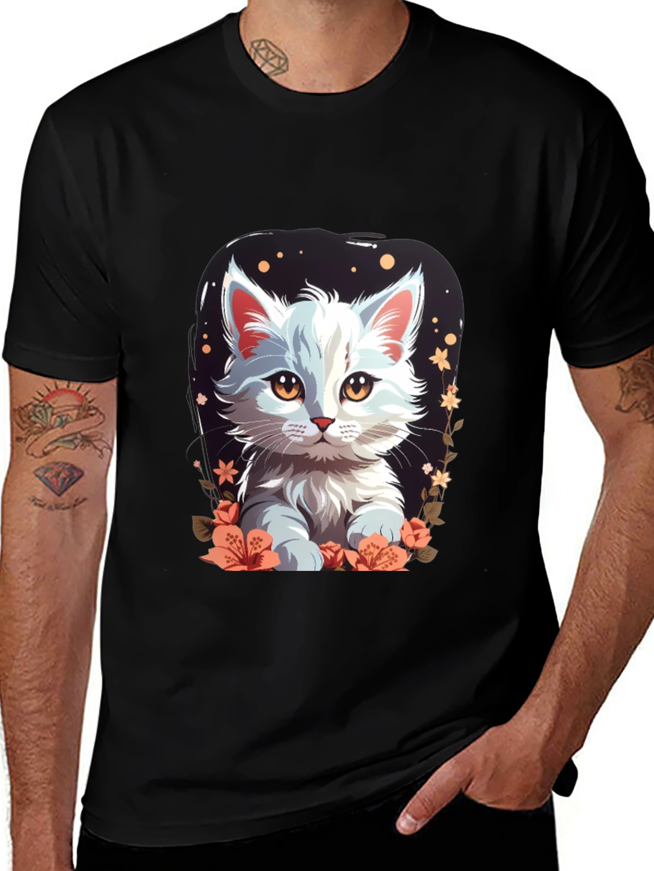 Variant 24 of Cute Cat Graphic Tee - Black Cotton T-Shirt