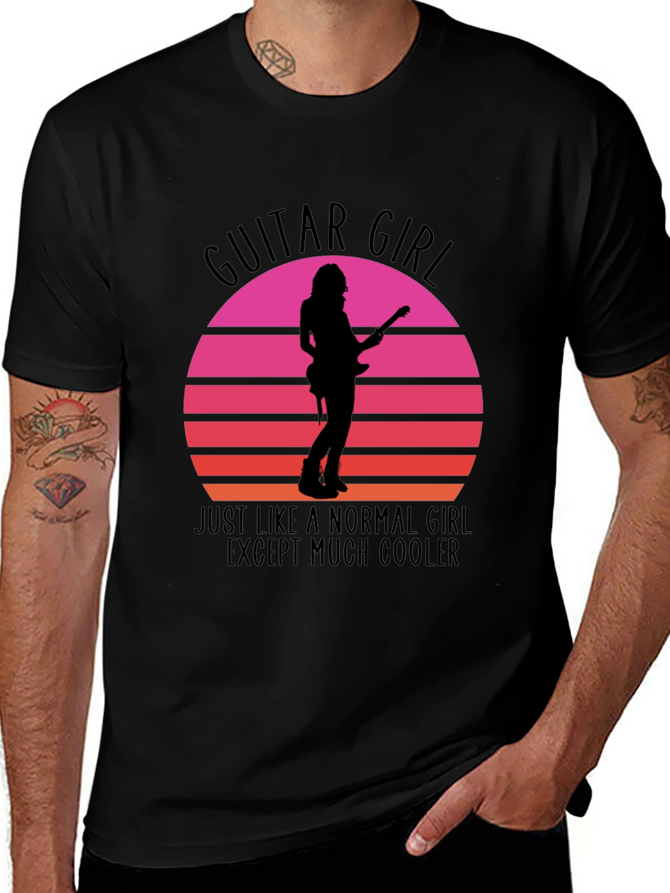 Guitar Girl Graphic Tee - Rocker Woman Sunset Design