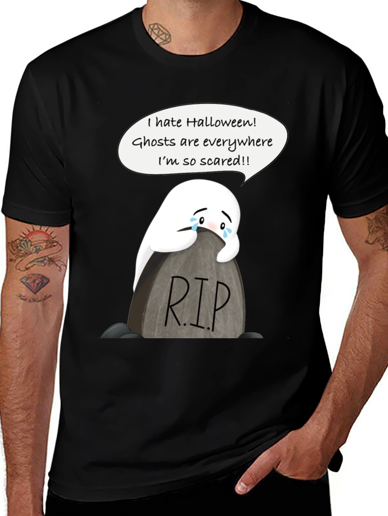 Variant 6 of Scared Ghost Halloween T-Shirt - RIP Tombstone Graphic Tee