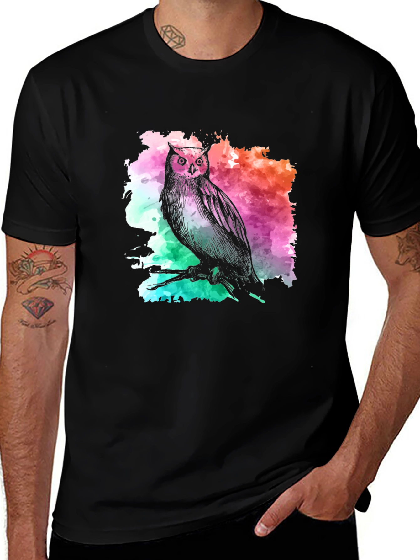 Variant 28 of Watercolor Owl Graphic Tee - Men's Black T-Shirt
