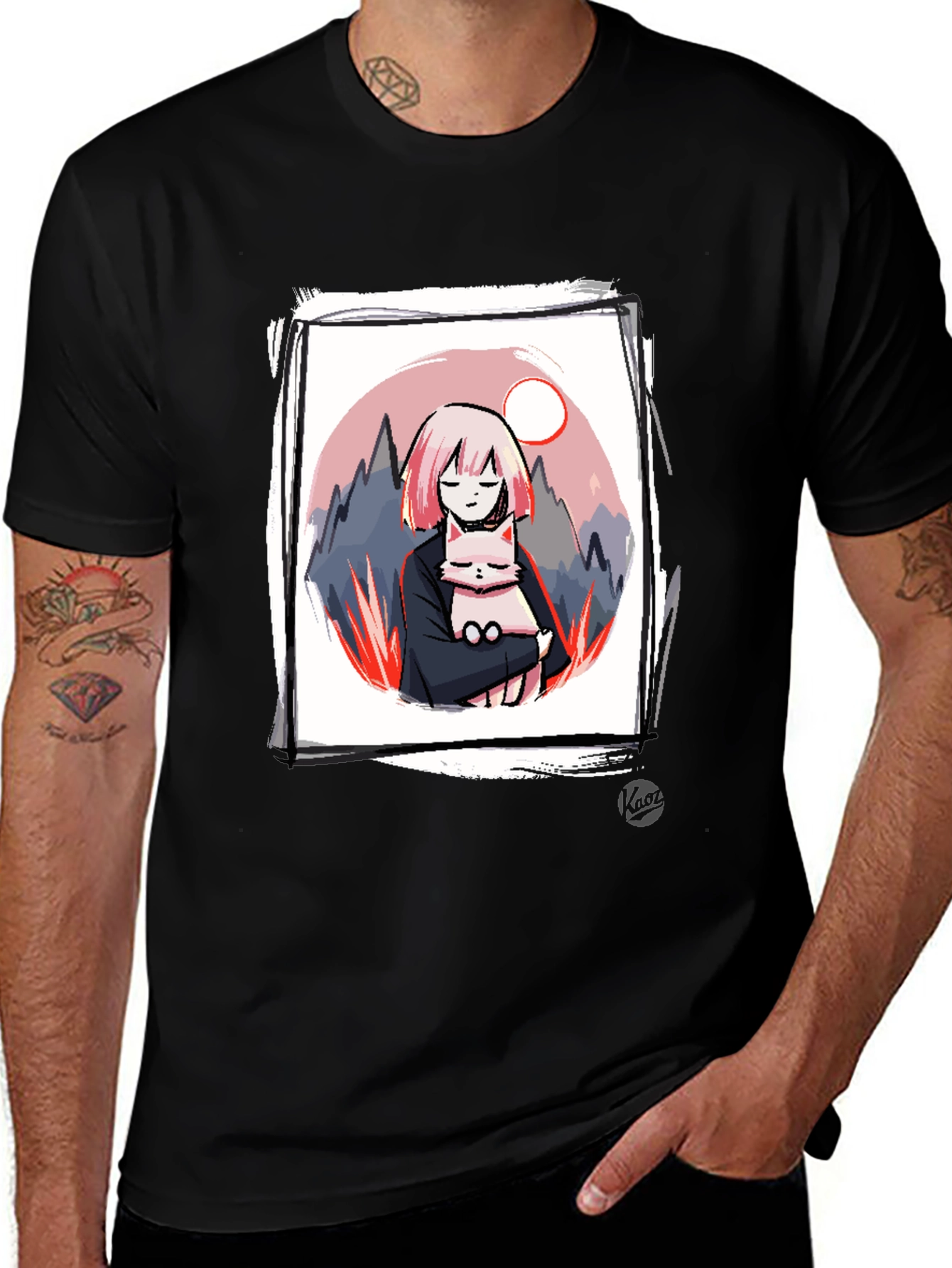 Variant 16 of Anime Girl & Cat Graphic Black T-Shirt