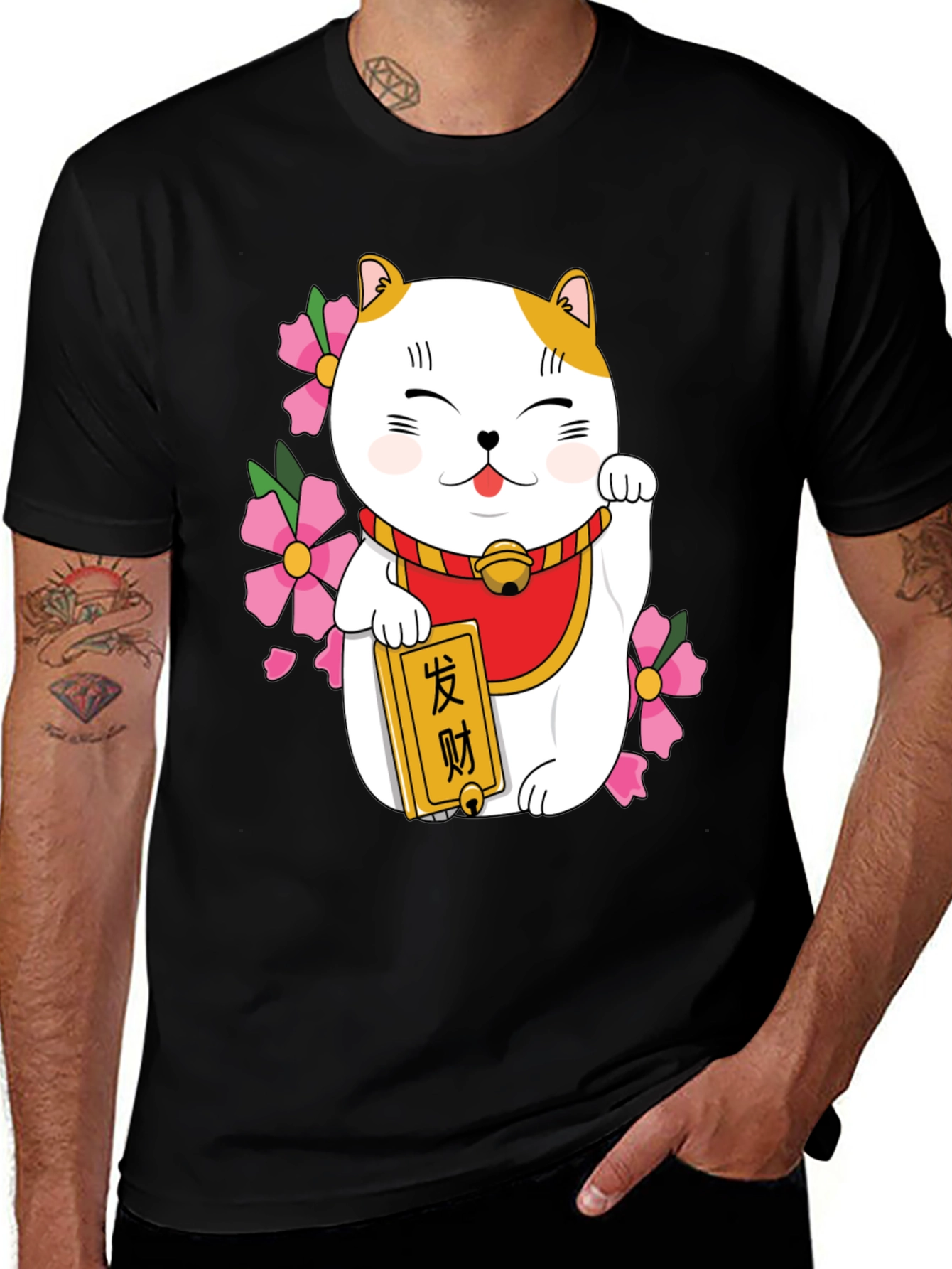 Lucky Cat Graphic Tee - Black Cotton Blend
