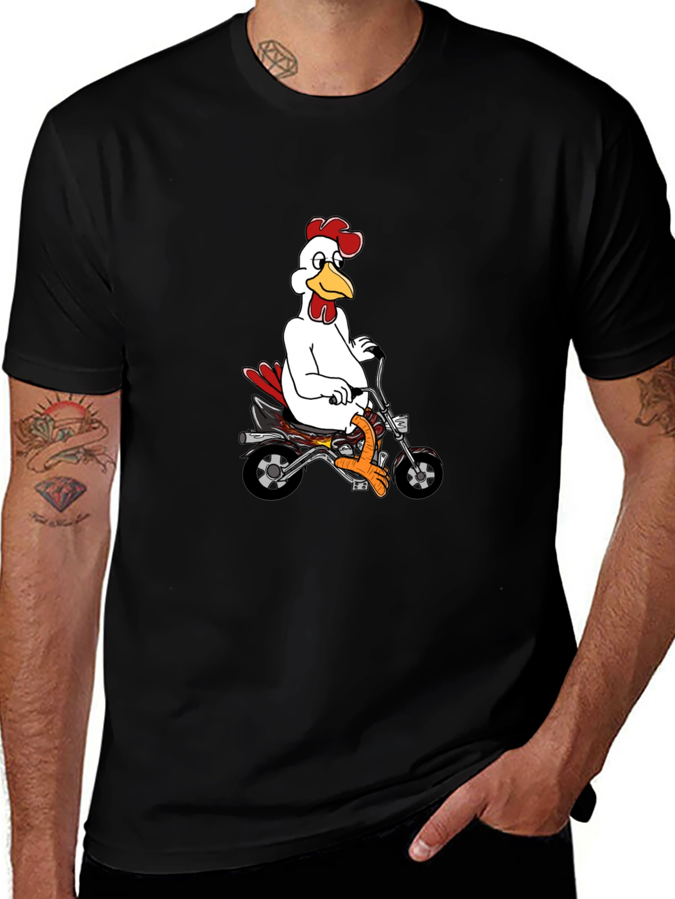 Variant 17 of Men's Black T-Shirt with Chicken on Motorcycle Graphic