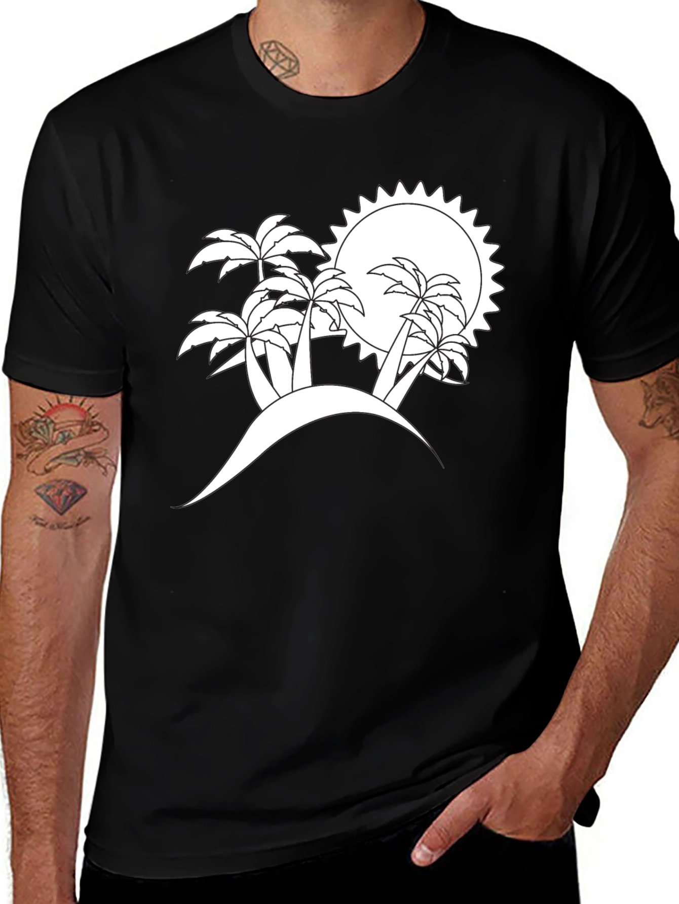 Variant 9 of Black T-Shirt with Tropical Island Design