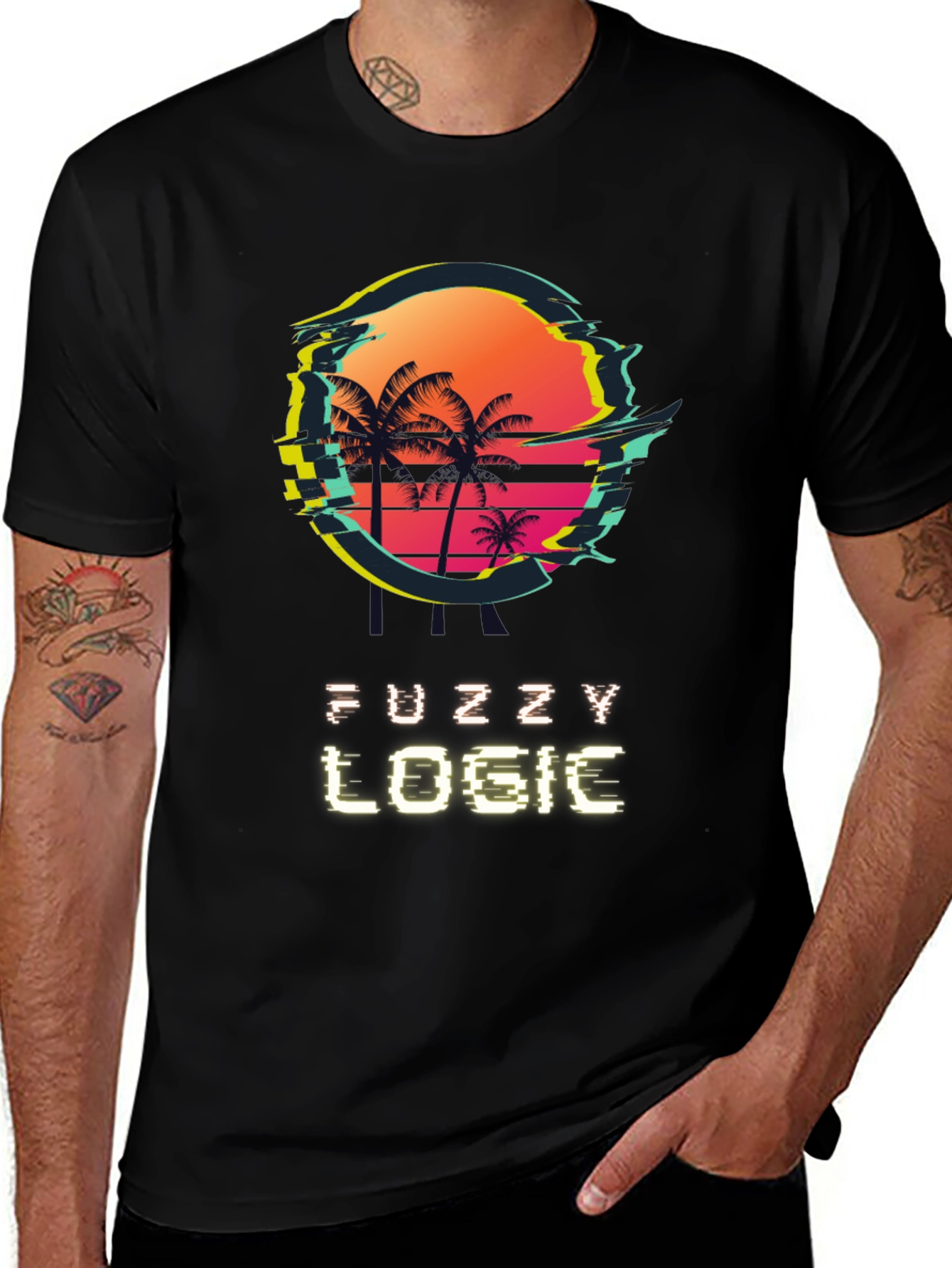 Variant 27 of Fuzzy Logic Palm Tree Retro Glitch T-Shirt