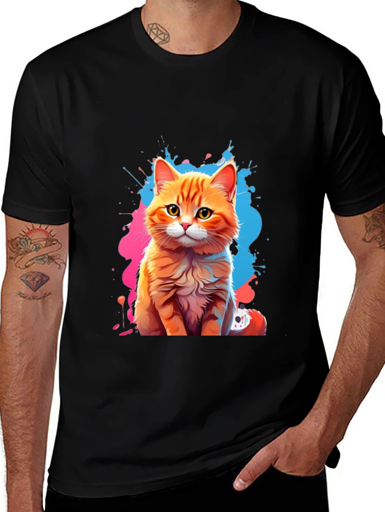 Variant 5 of Cartoon Cat Graphic Black T-Shirt