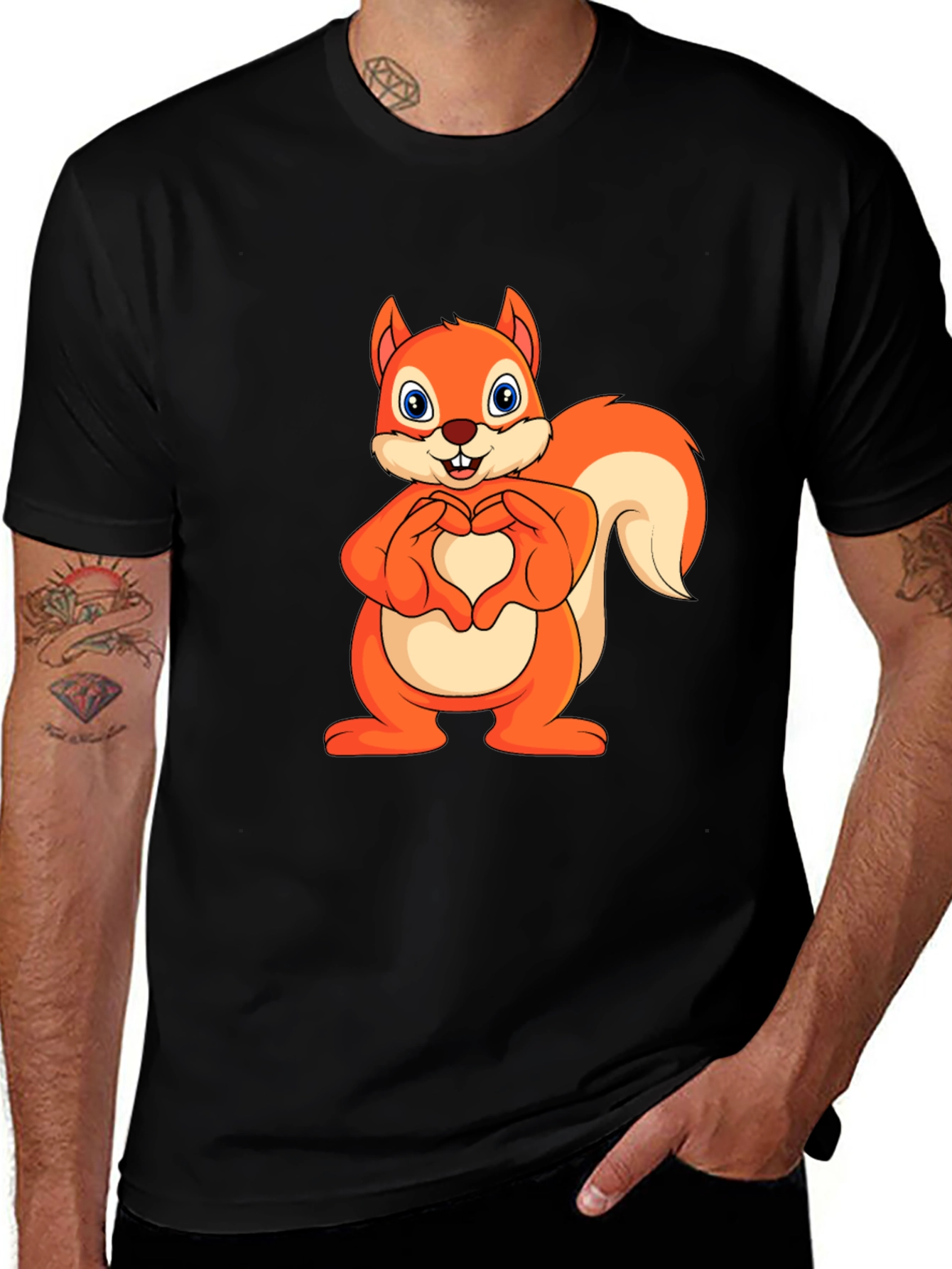 Cute Squirrel Heart Hands Graphic Tee - Black