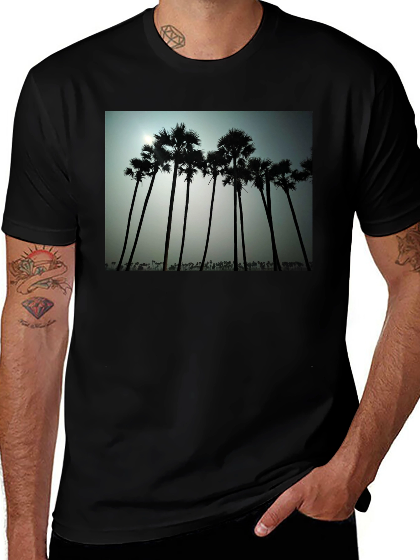 Variant 22 of Tropical Silhouette T-Shirt - Black Cotton Tee