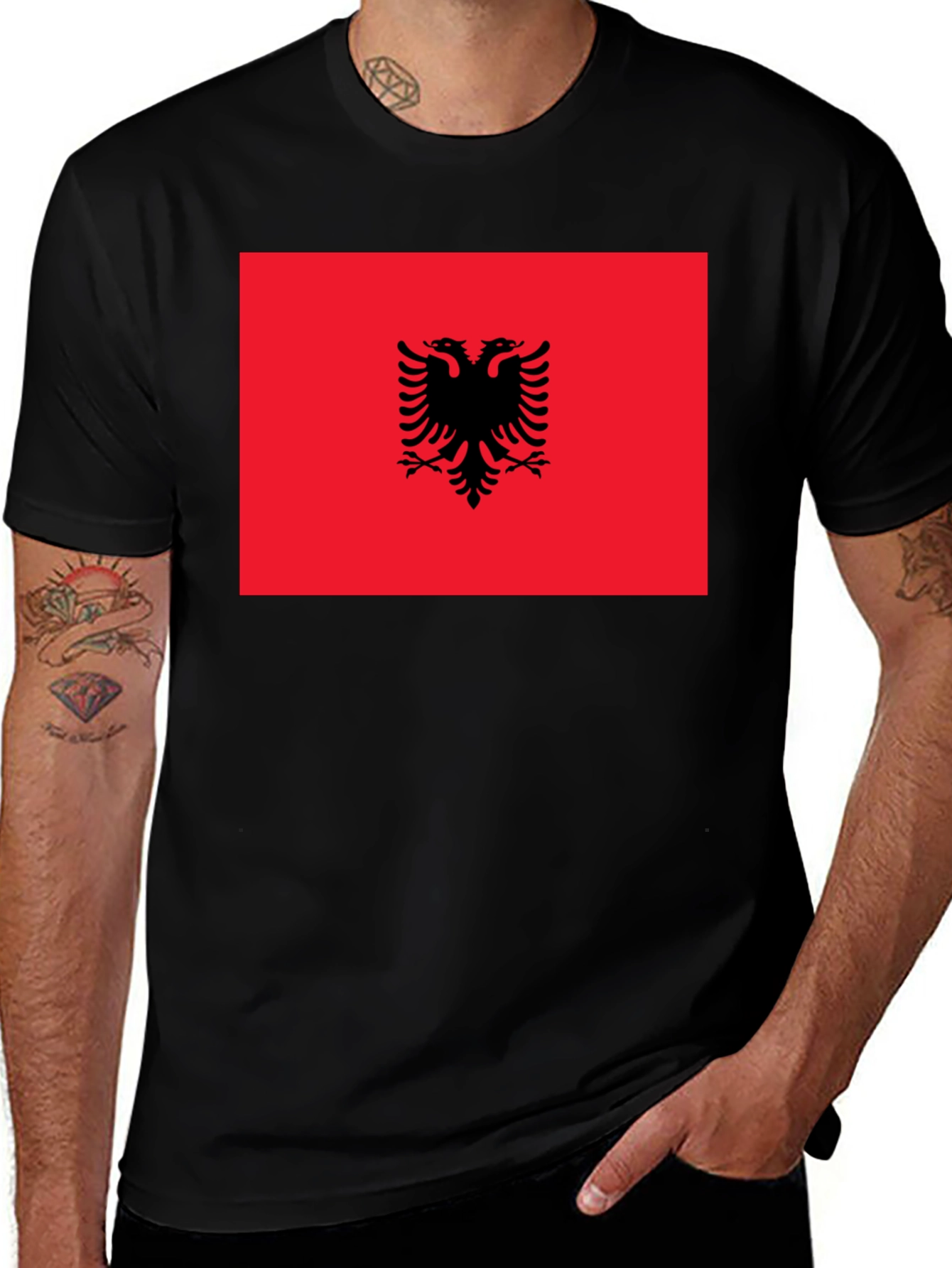 Albanian Flag Graphic Tee - Black Cotton T-Shirt