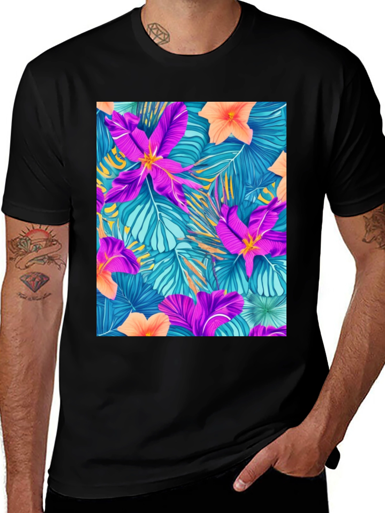 Variant 17 of Tropical Floral Print Tee - Vibrant Summer Style